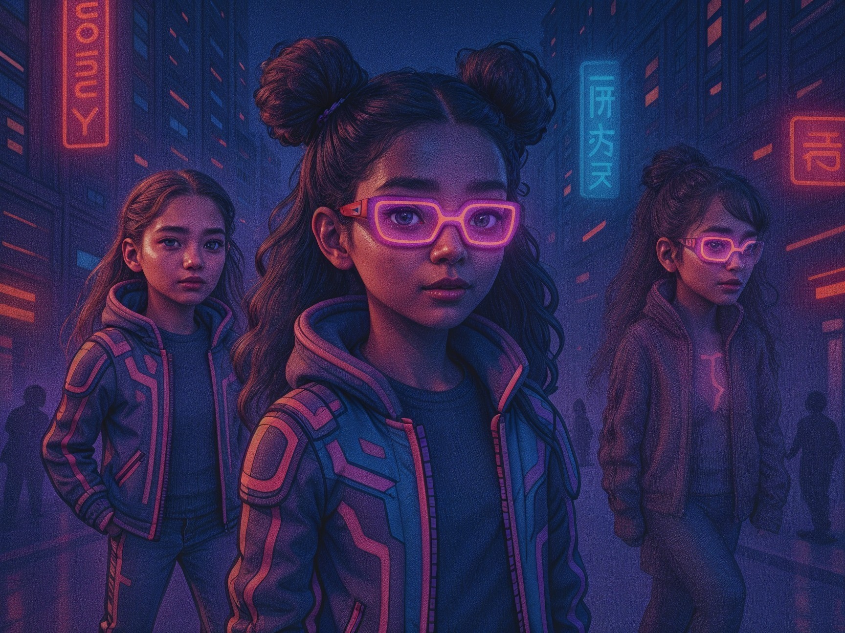 Futuristic girls in neon-lit urban environment with headphones