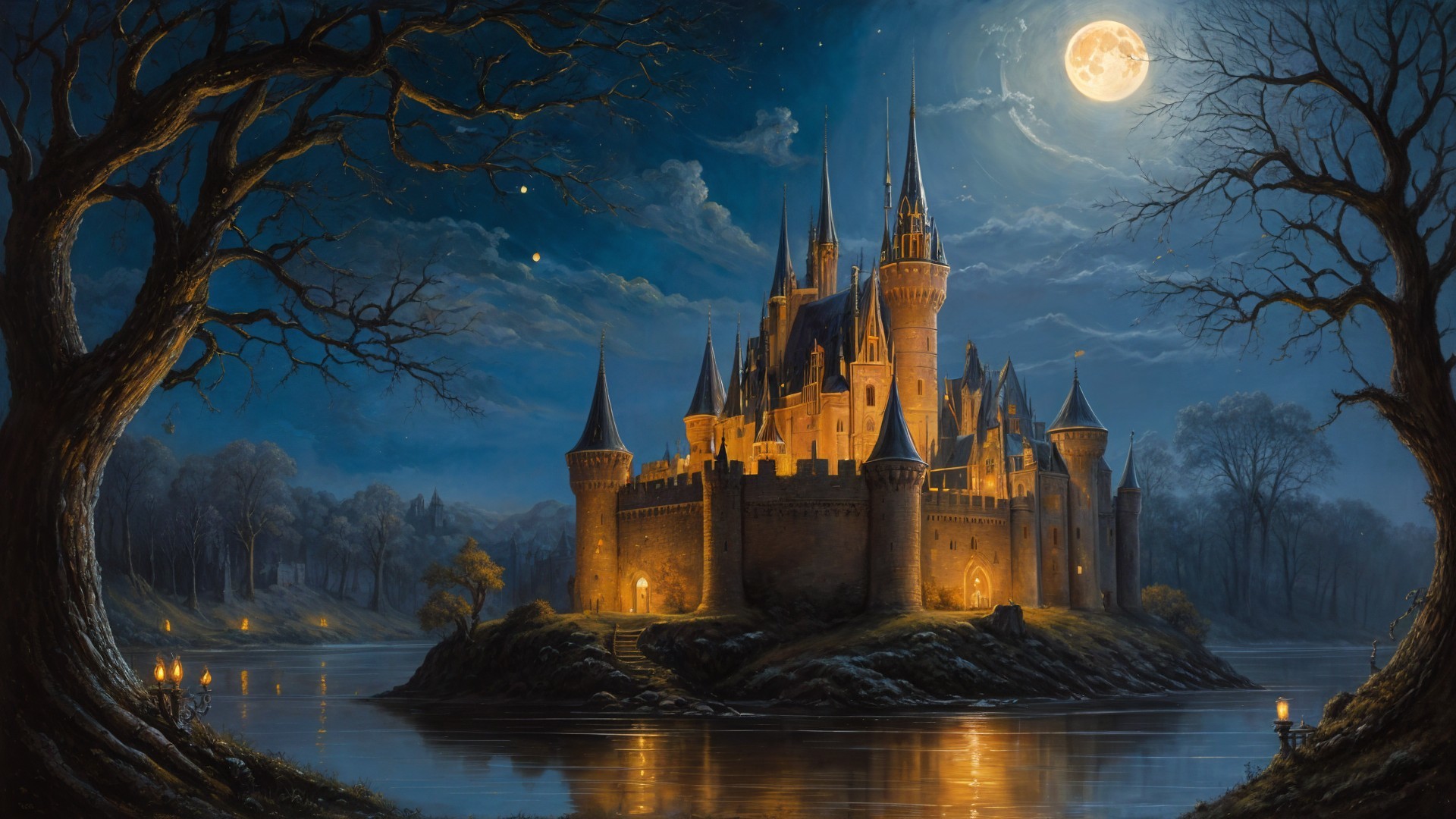 Majestic castle on an island under moonlight and stars