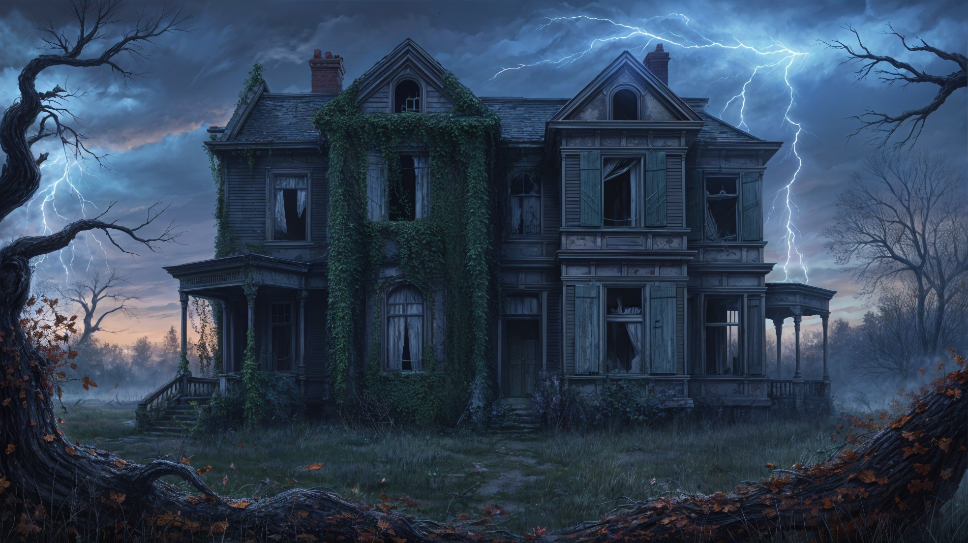 Eerie Victorian Mansion Under Stormy Sky