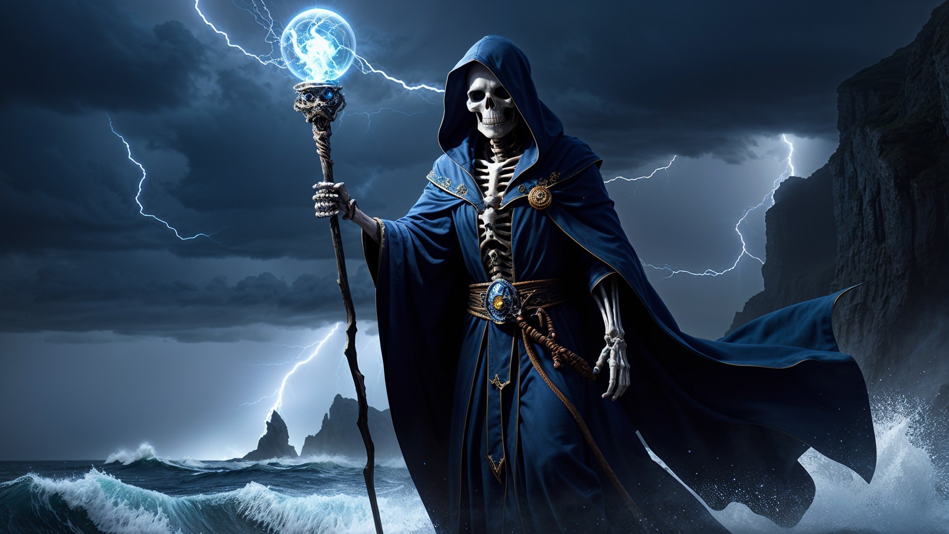 Cloaked Skeleton with Glowing Staff on Rocky Shore