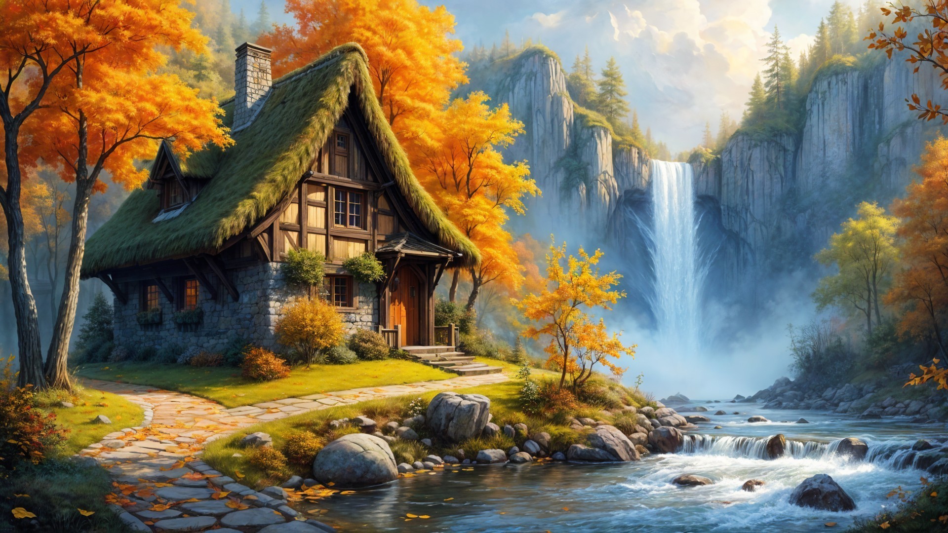Charming Cottage Surrounded by Autumn Foliage and Waterfall