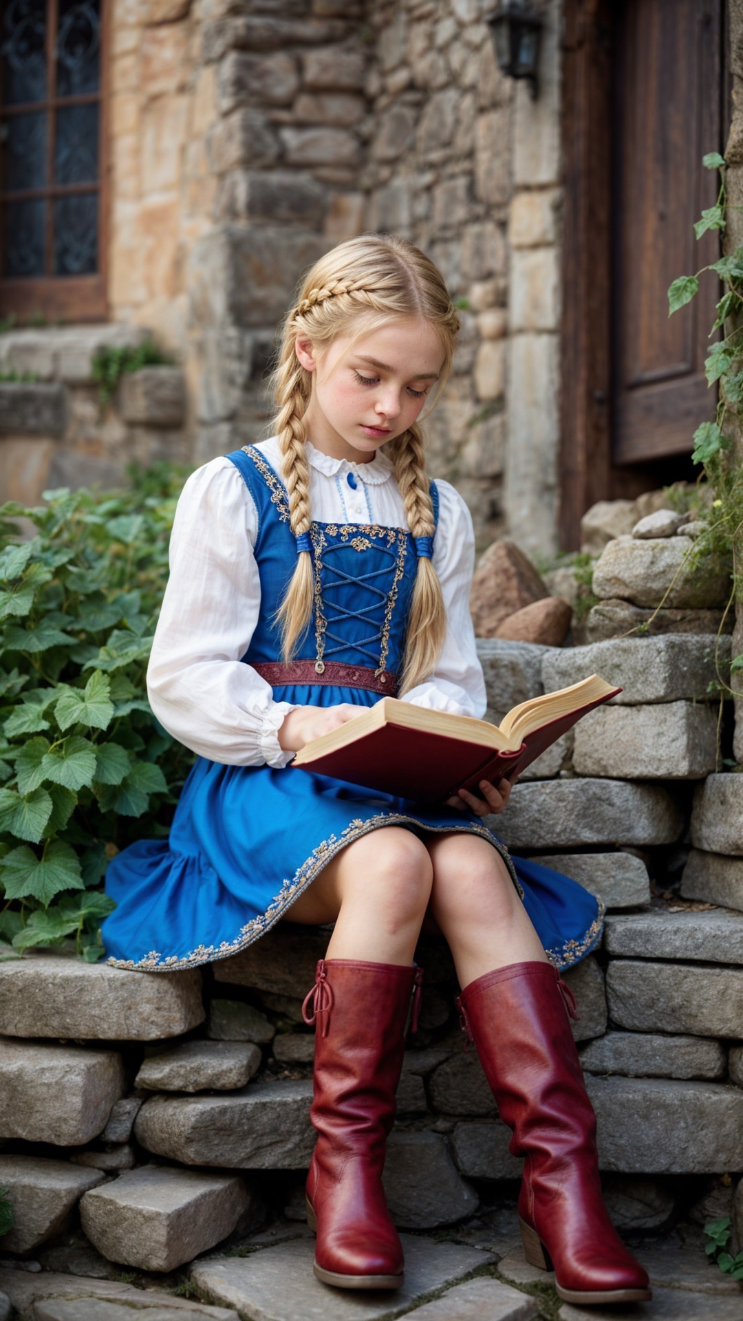 Young girl reading on stone step in serene setting