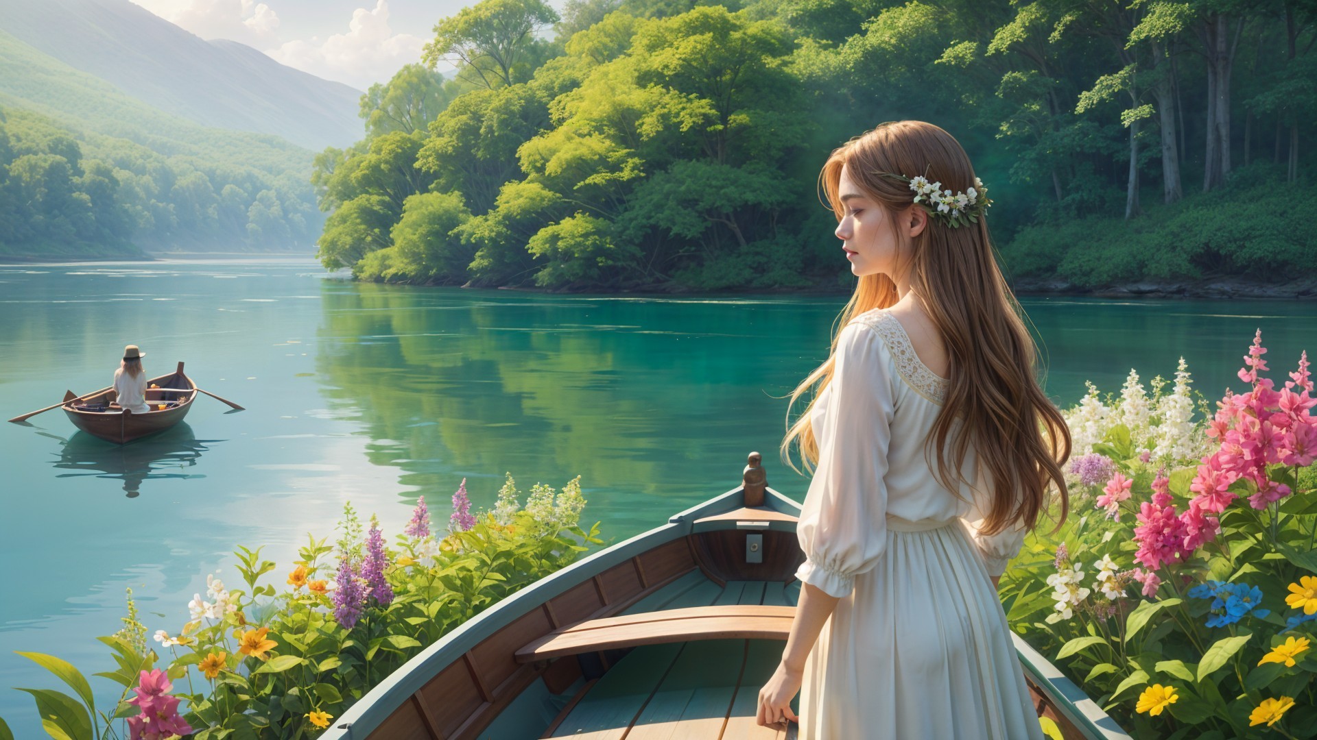 Young Woman in Boat Amidst Serene Landscape