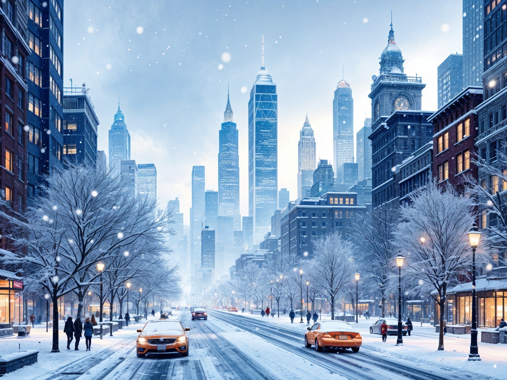 Snowy Cityscape with Skyscrapers and Yellow Taxis