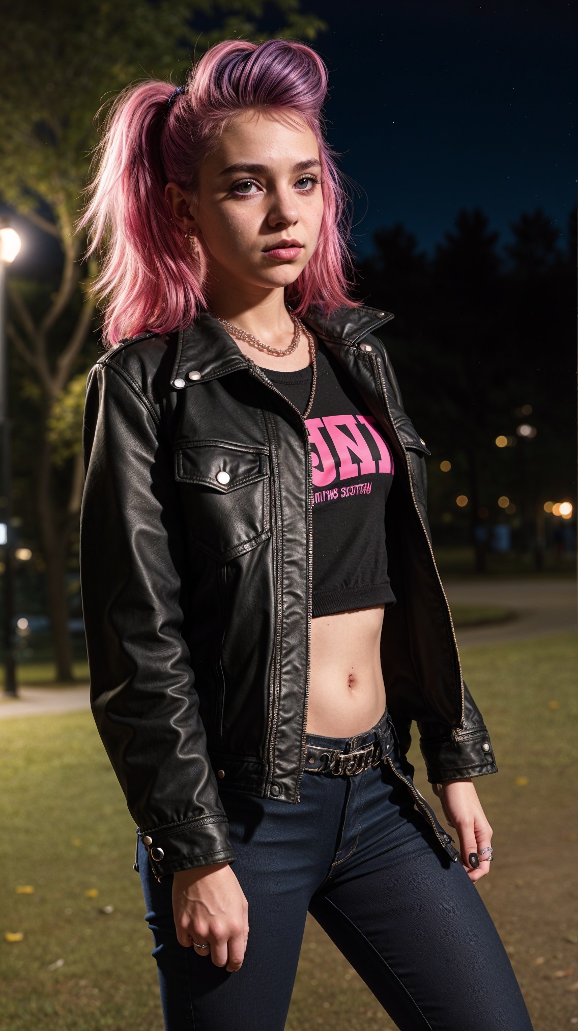 Young woman in park at night with edgy fashion style