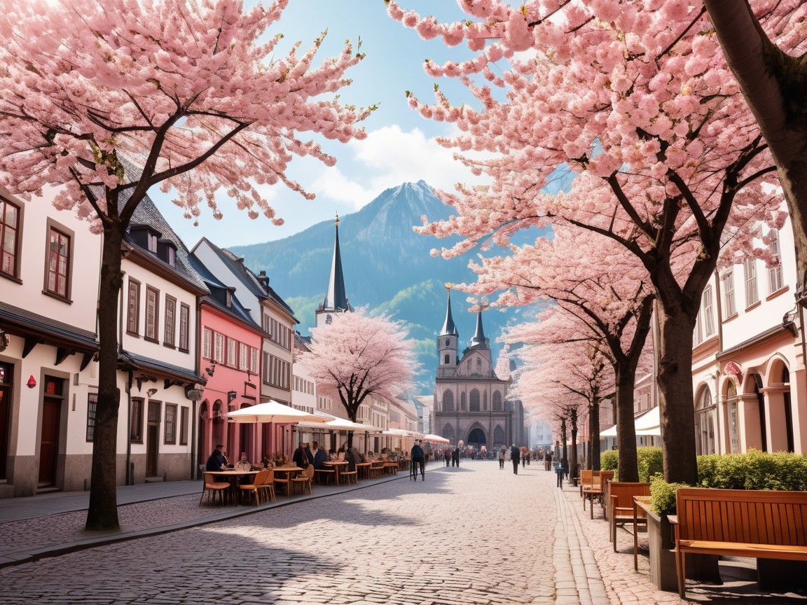 Cherry Blossom Street with Quaint Buildings and Mountains