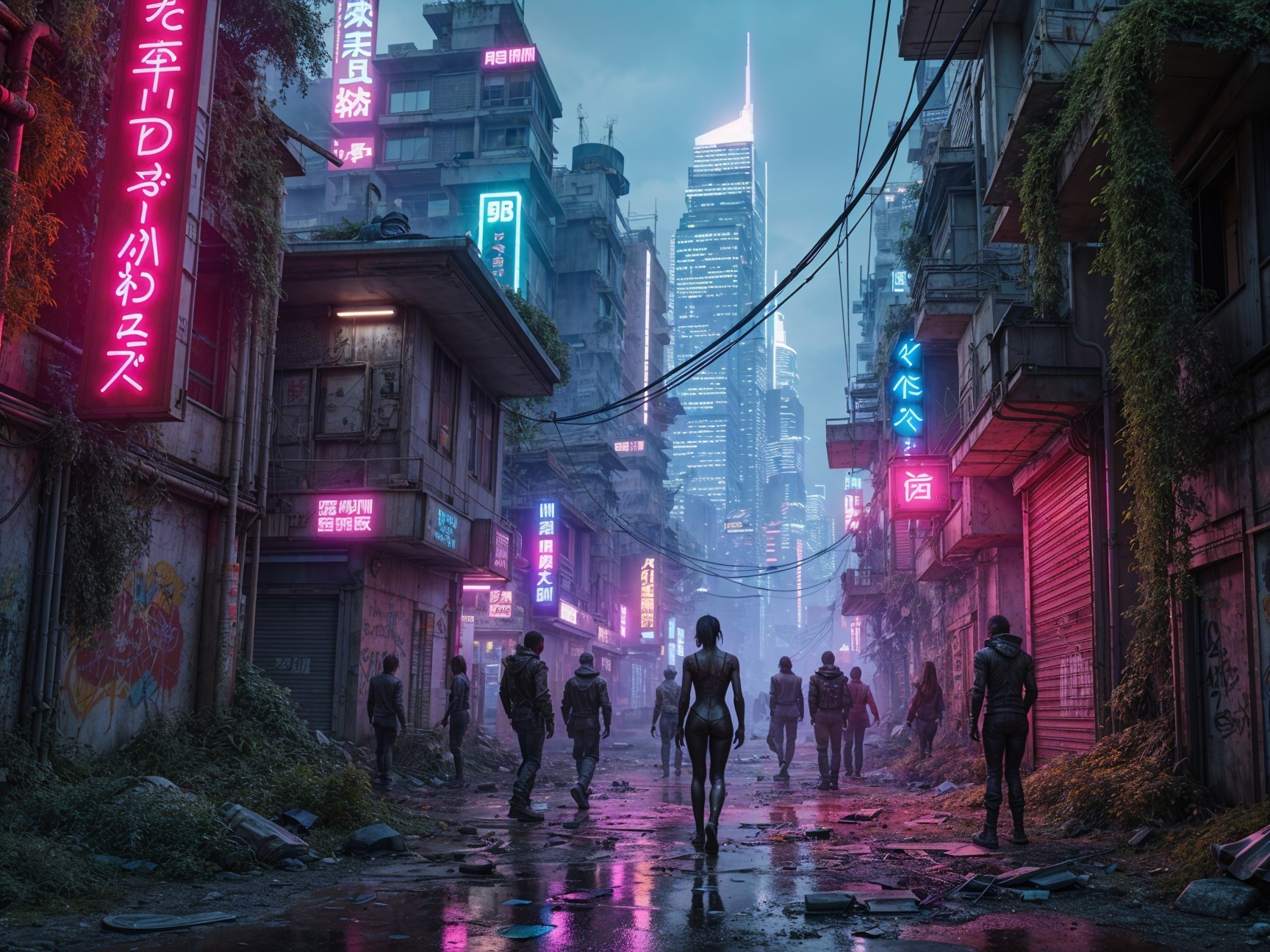 Futuristic Urban Scene in a Neon-Lit Alley