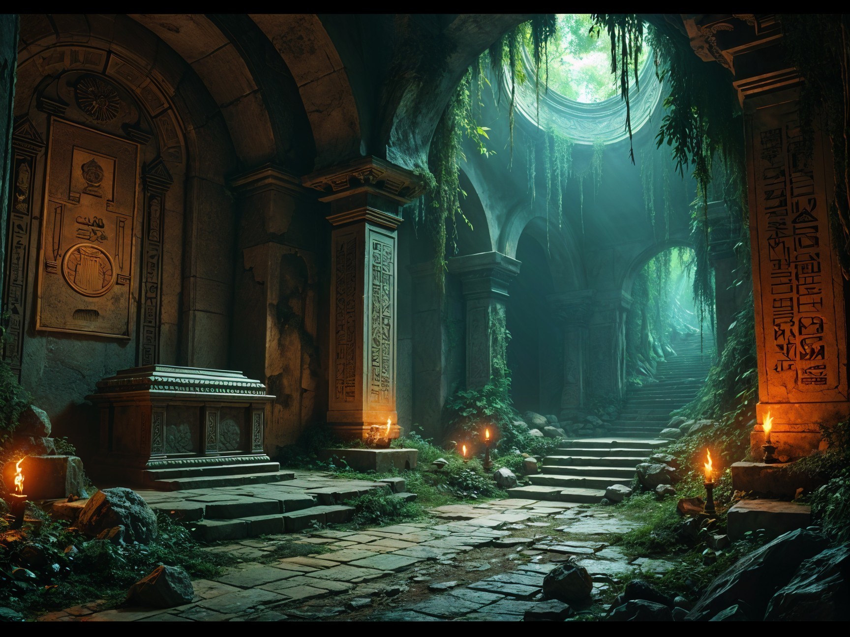 Ancient Overgrown Temple Interior with Hieroglyphics
