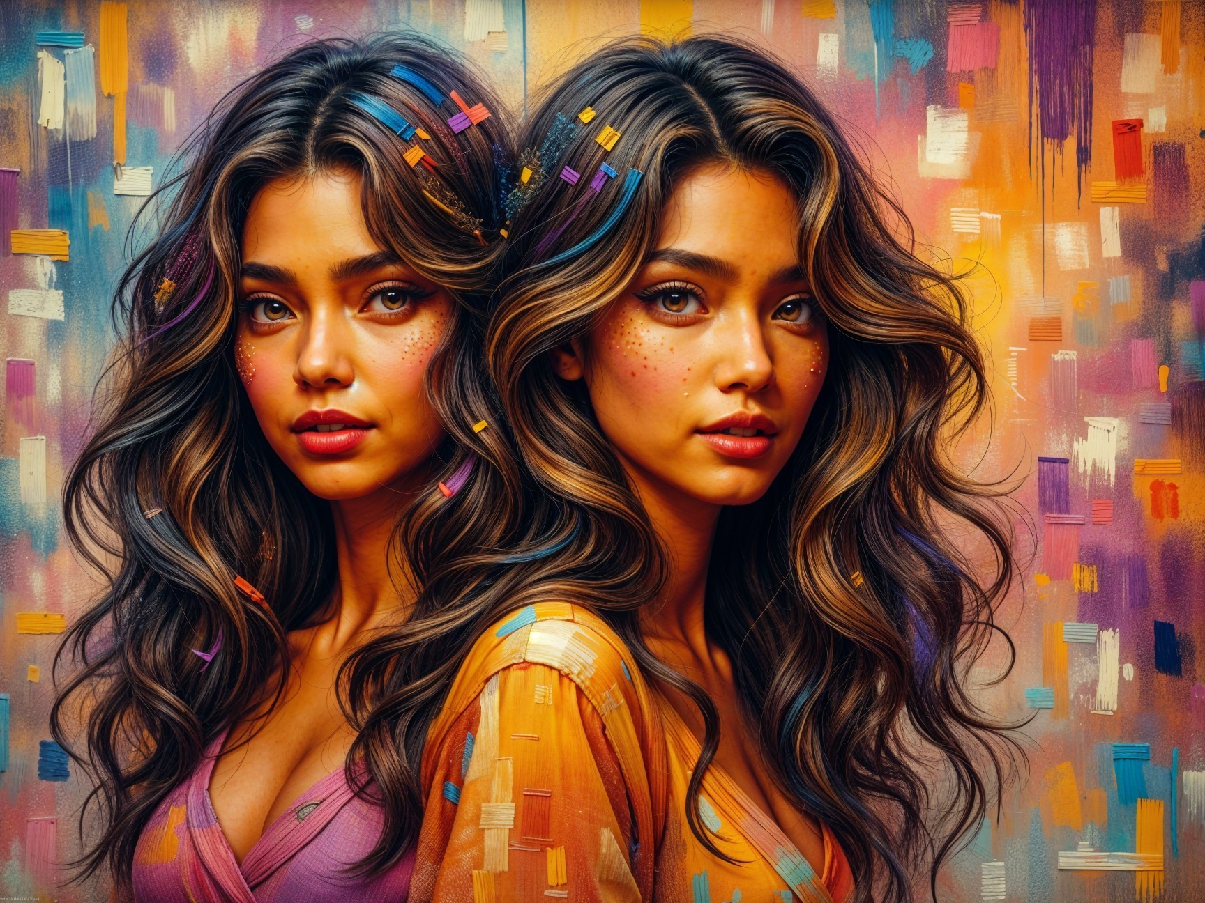 Young Women with Long Hair Against Abstract Background