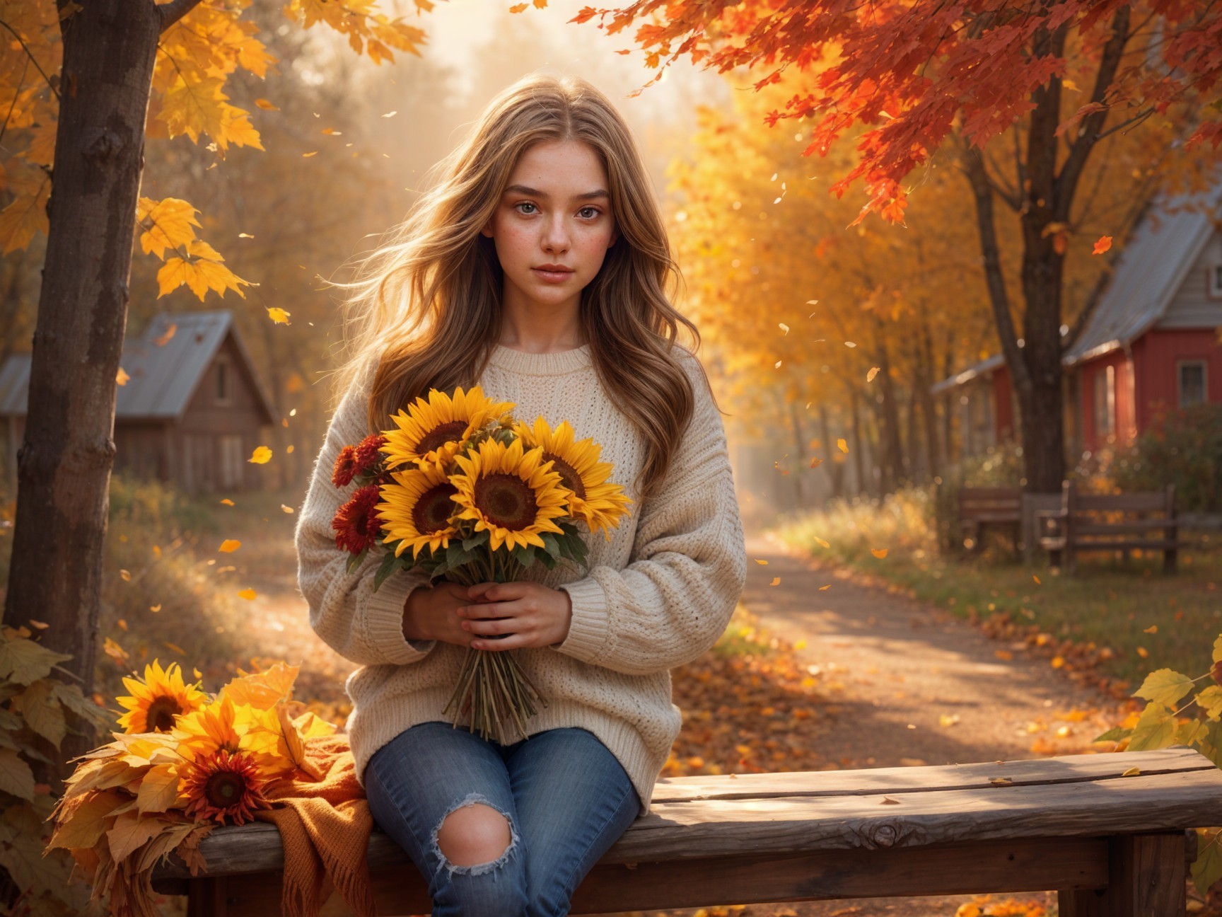 Young Woman in Autumn Foliage with Sunflowers