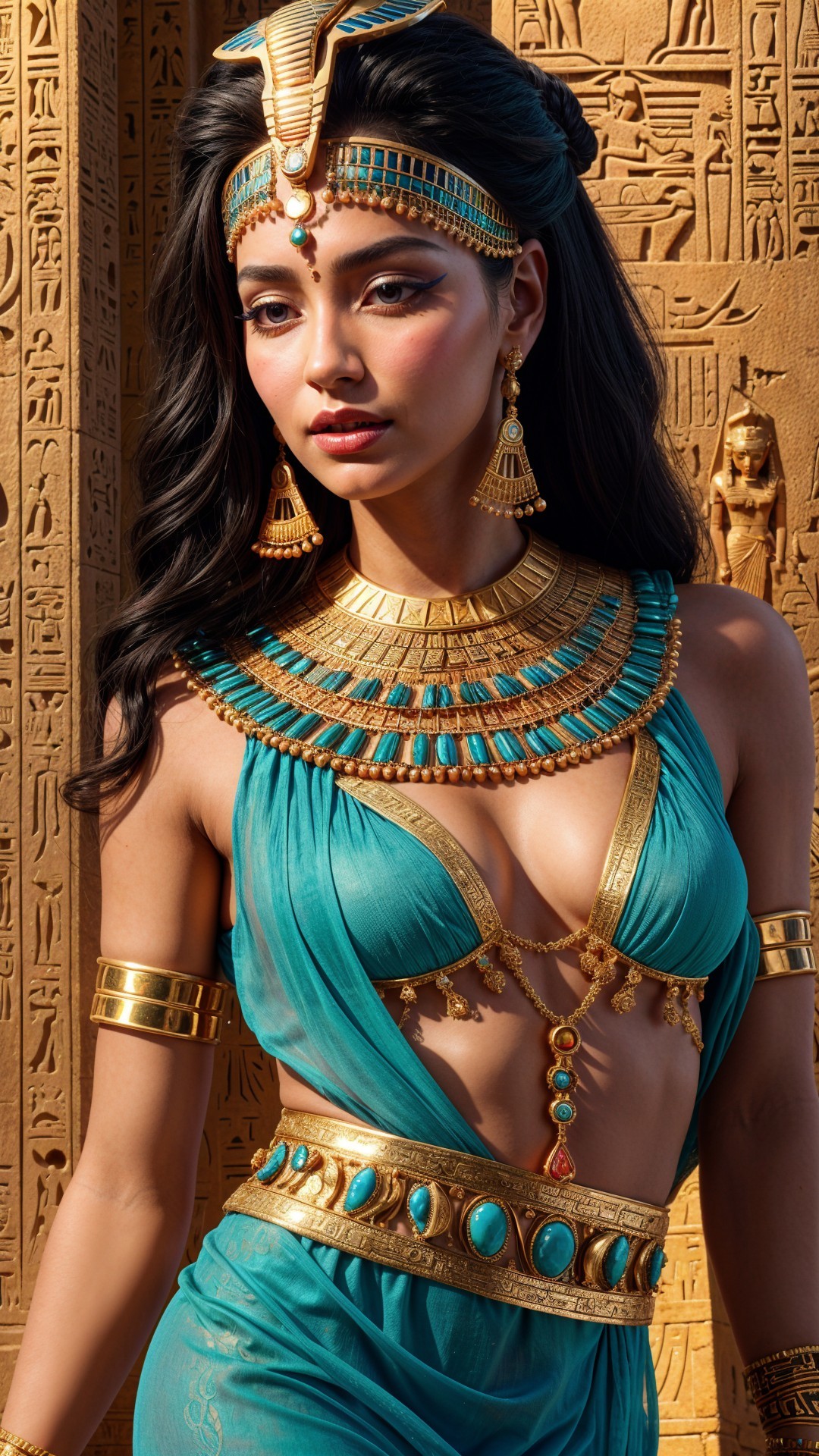 Elegant Woman in Turquoise with Ancient Hieroglyphs