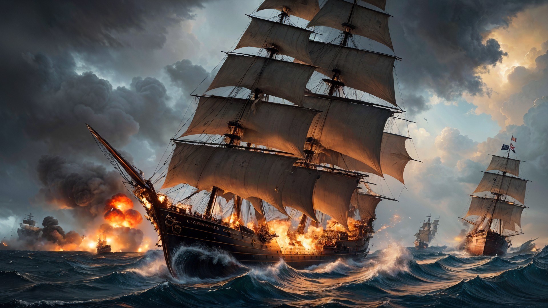 Tall Ship Navigating Stormy Seas with Explosions