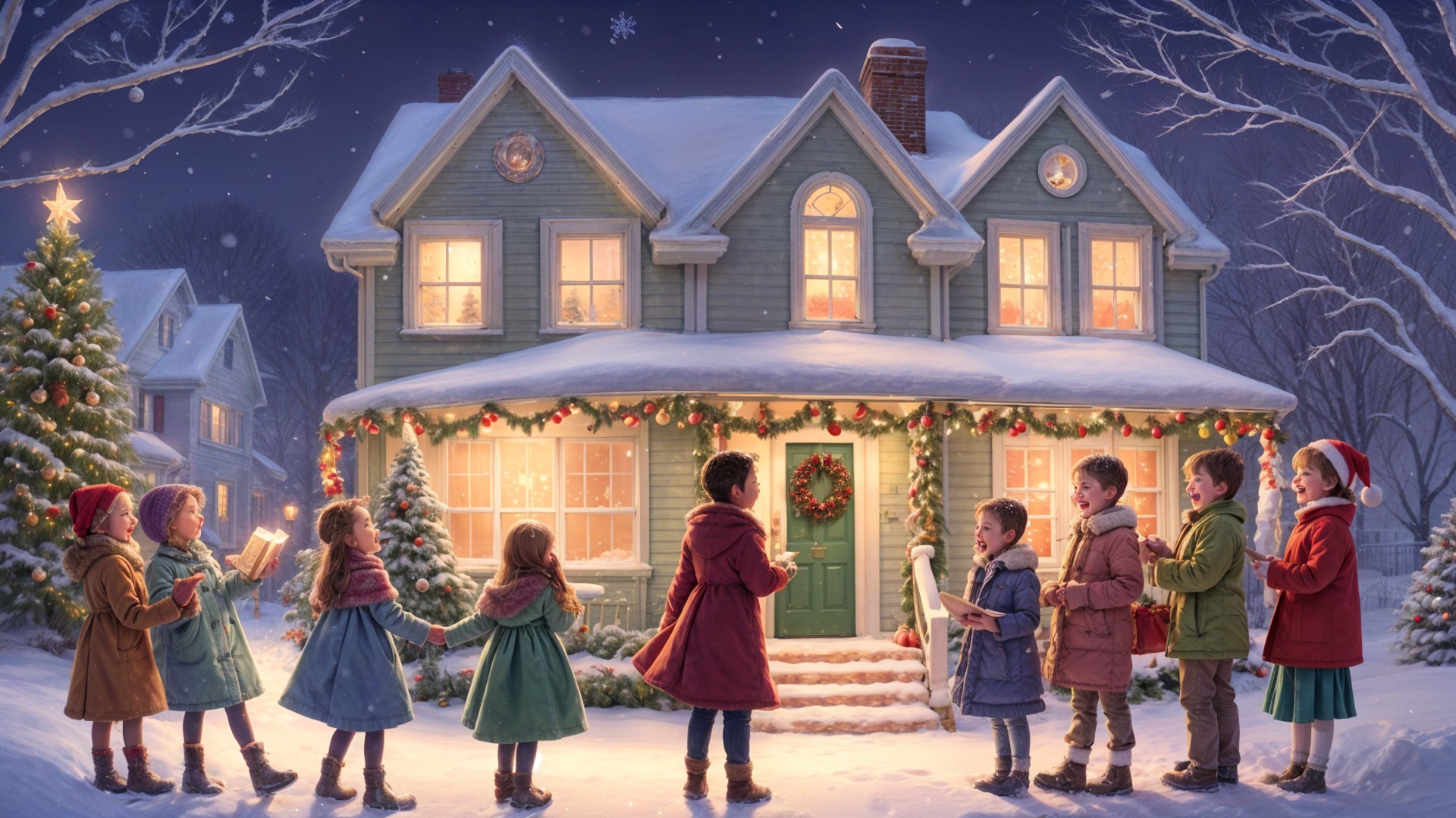 Cozy Snow-Covered House with Christmas Decorations