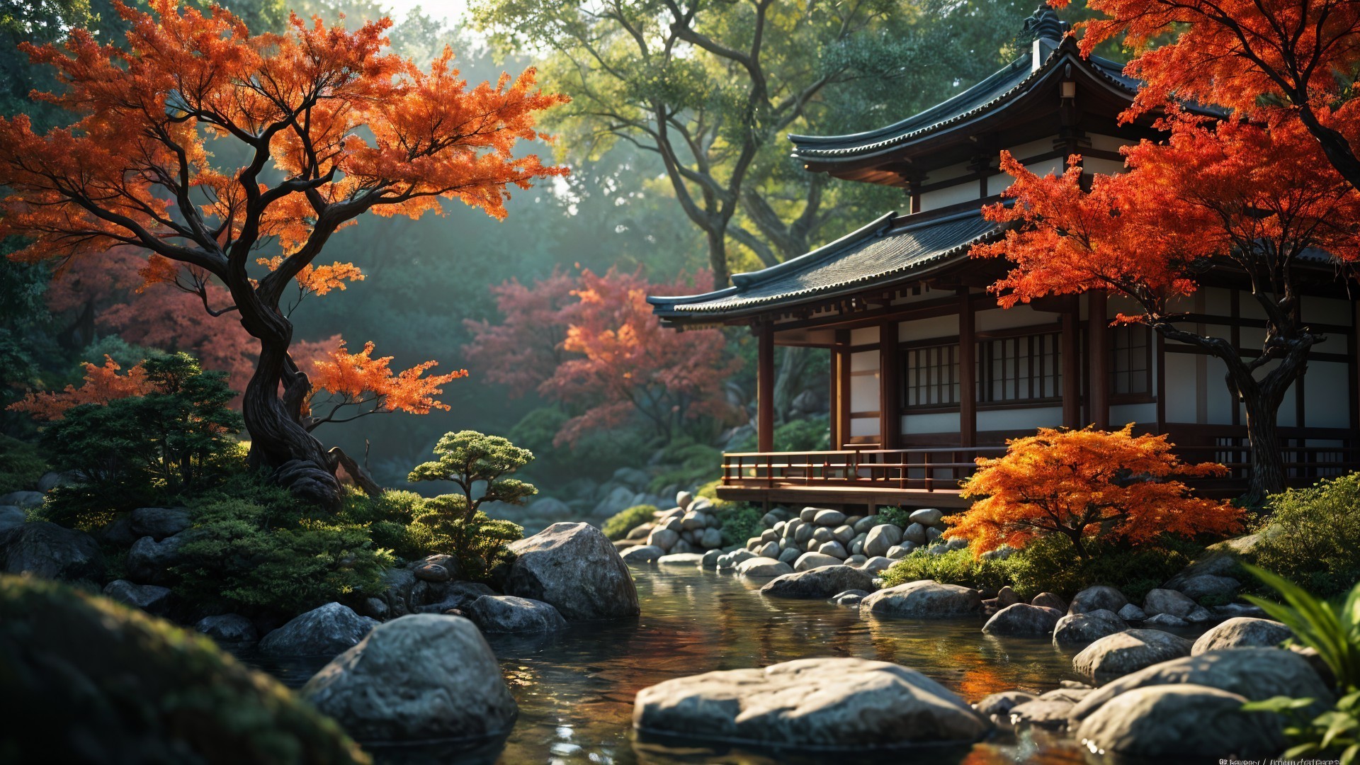 Japanese House Surrounded by Autumn Foliage and Stream
