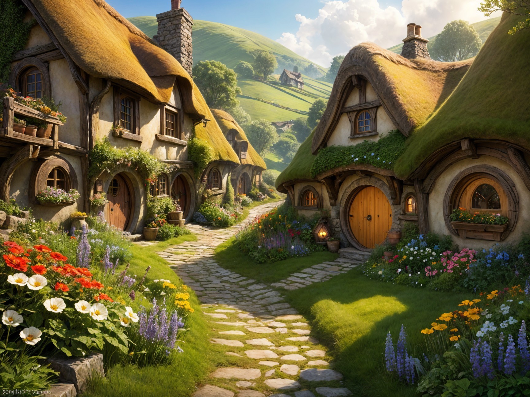 Charming Village with Cottages and Flower Beds