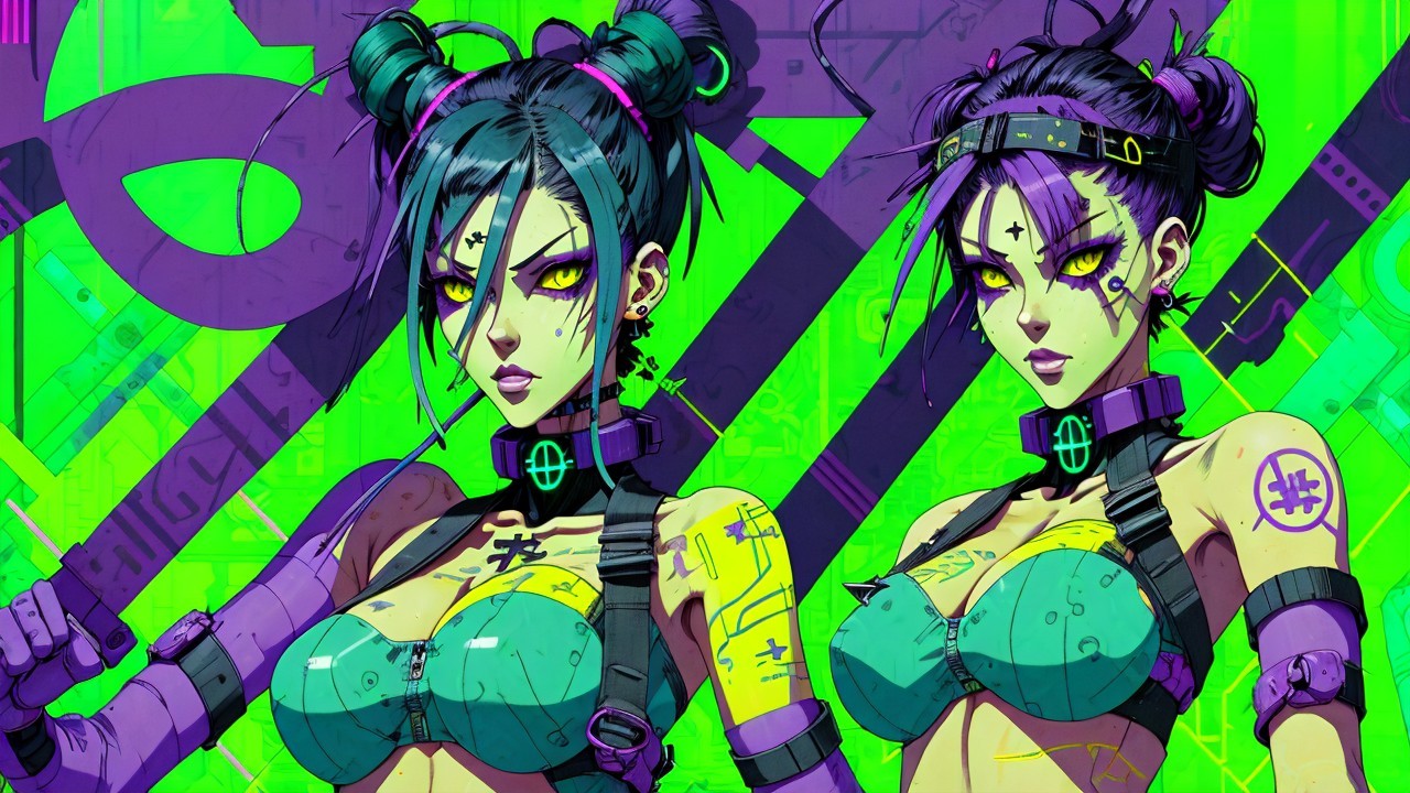 Fierce Stylized Characters with Vibrant Hair and Tattoos