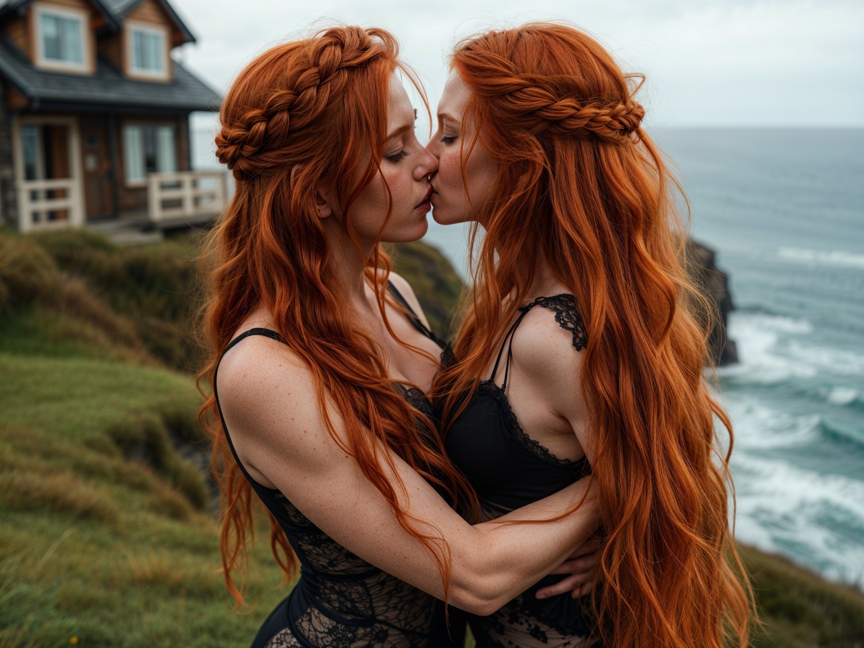 Two Women with Red Hair Kissing on Ocean Cliff