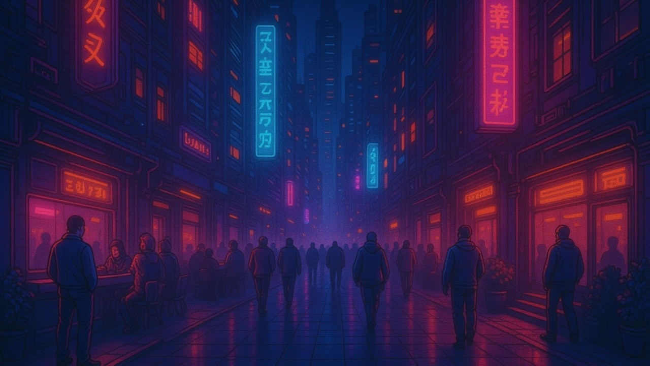 Vibrant Neon-Lit Night Street Scene with Fog