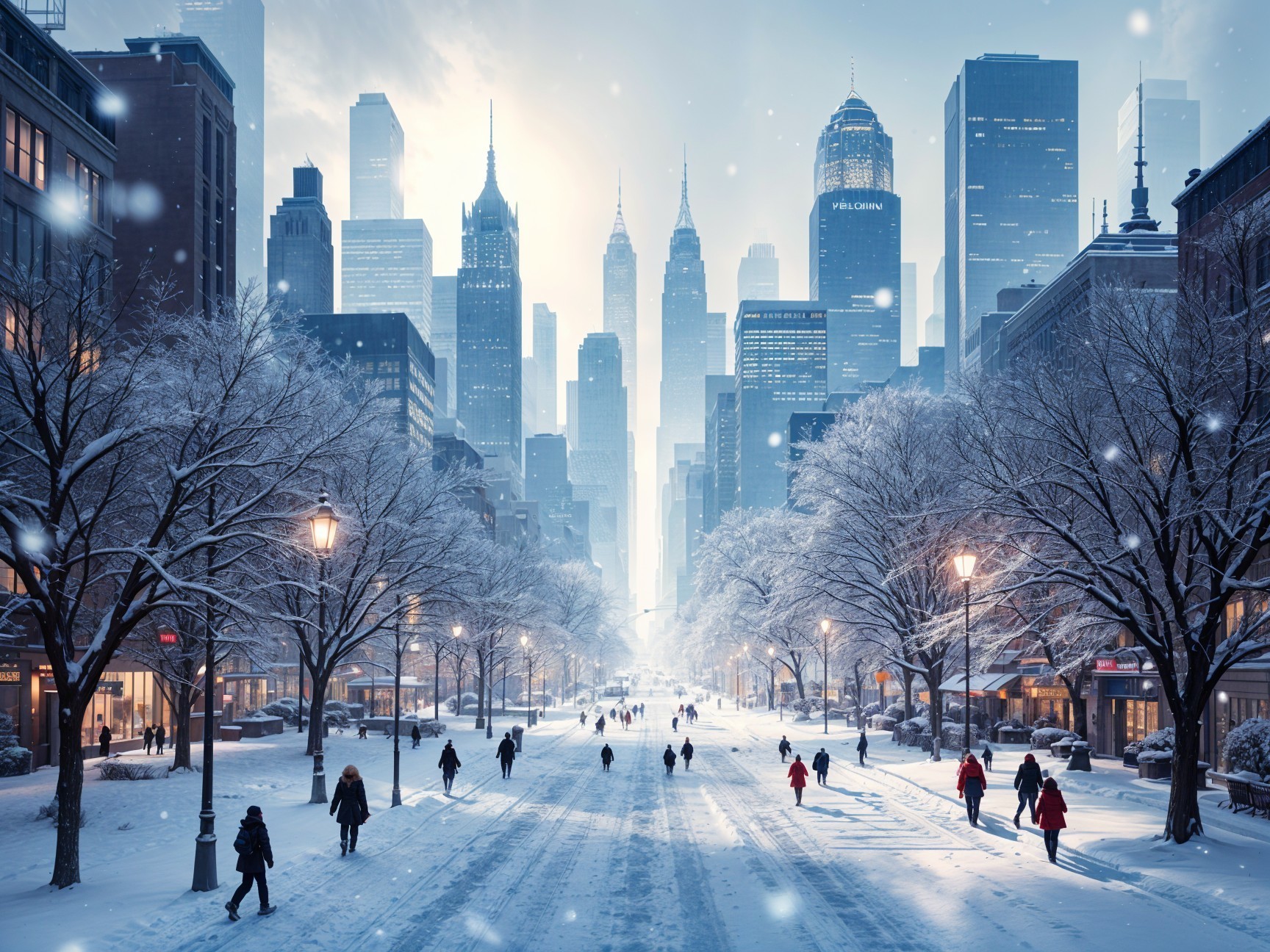 Snowy Urban Landscape with Skyscrapers and Street Life