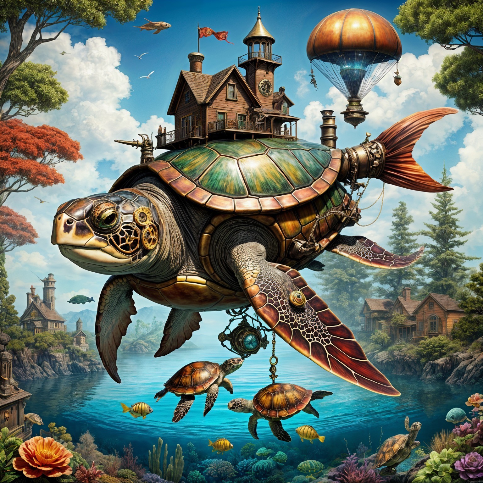Giant Mechanical Turtle Over Tranquil Lake Scene