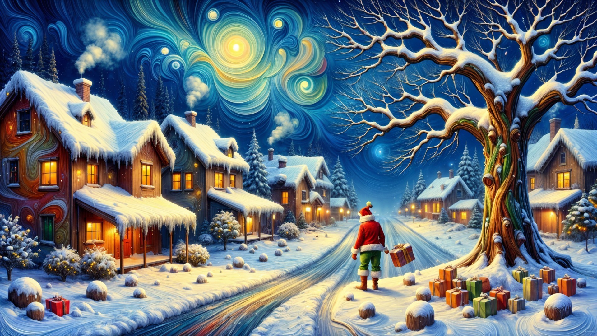 Whimsical Winter Village Scene with Starry Sky