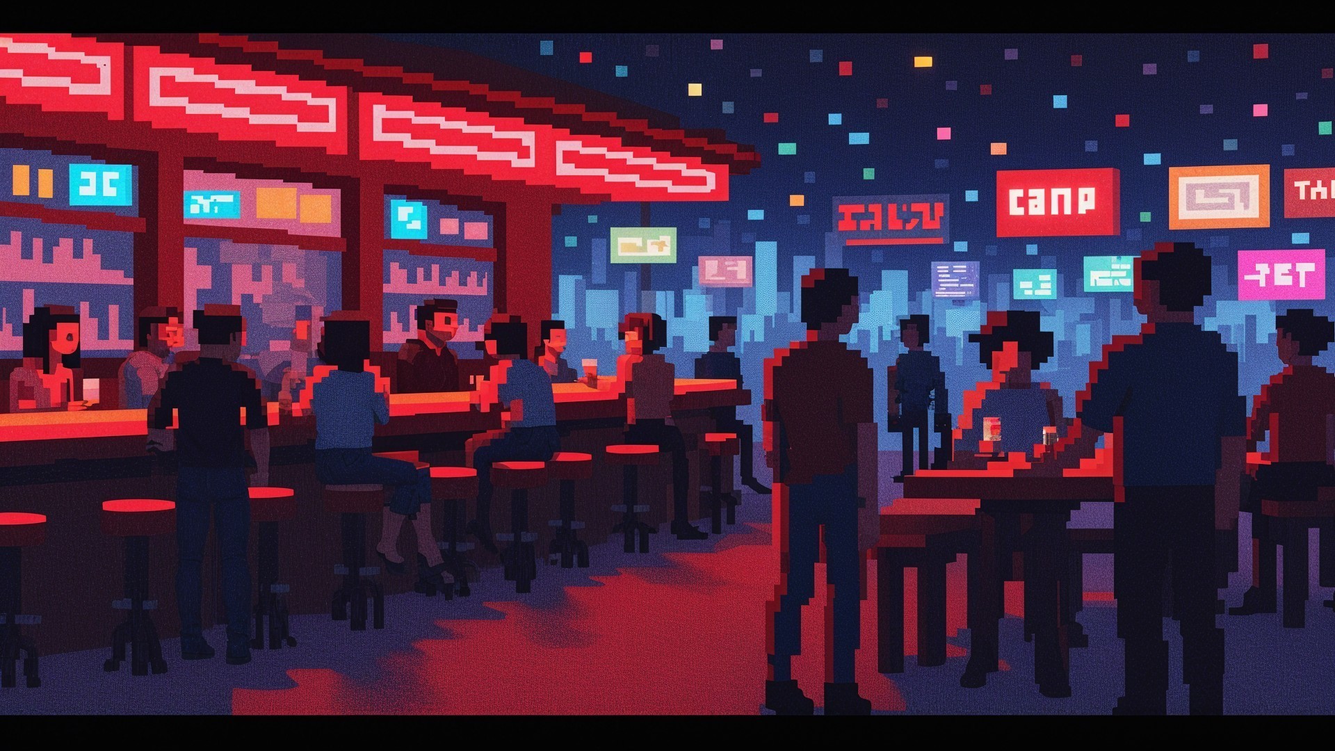Vibrant Pixelated Bar Scene with Socializing Patrons