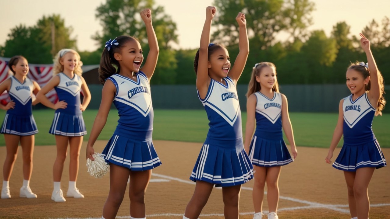 Cheerleaders in Blue and White Uniforms on Baseball Field