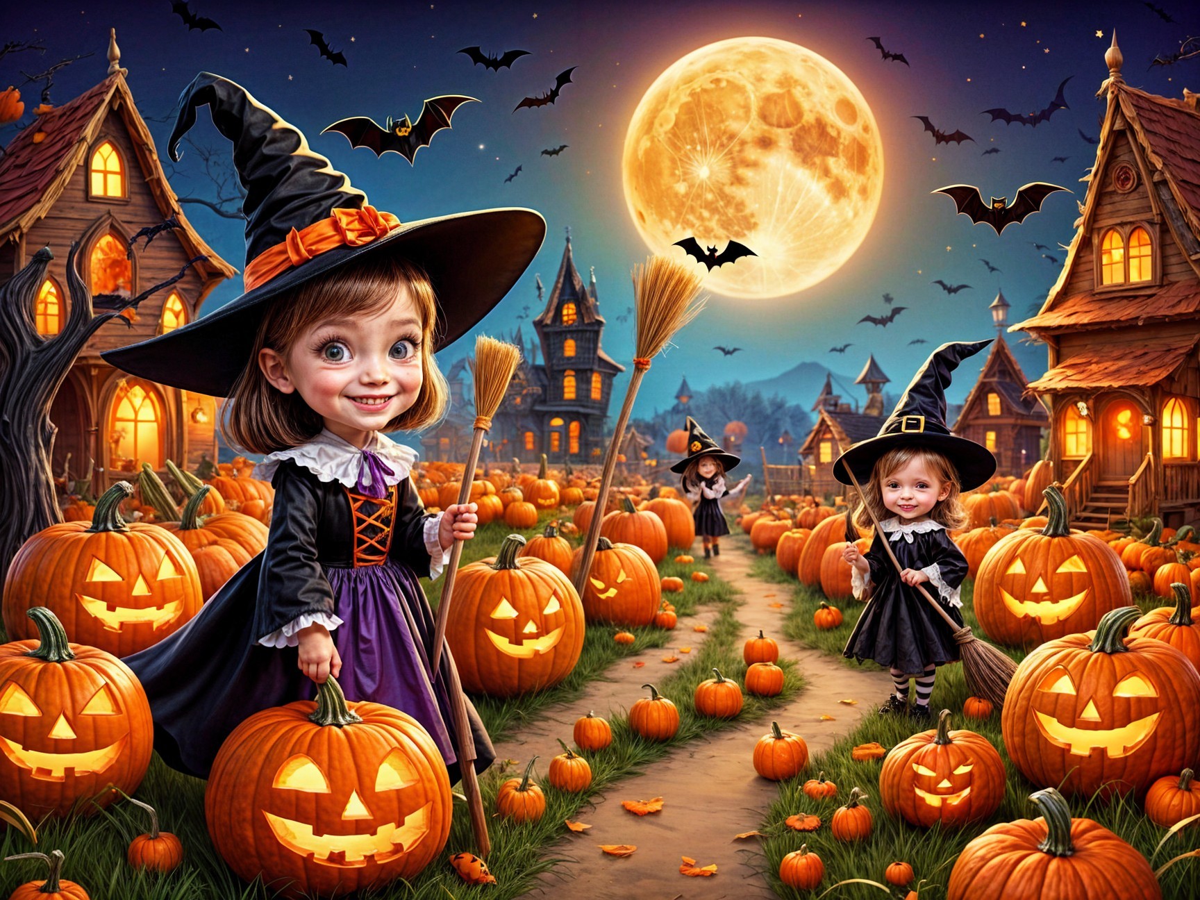 Whimsical Halloween Scene with Young Witches and Pumpkins