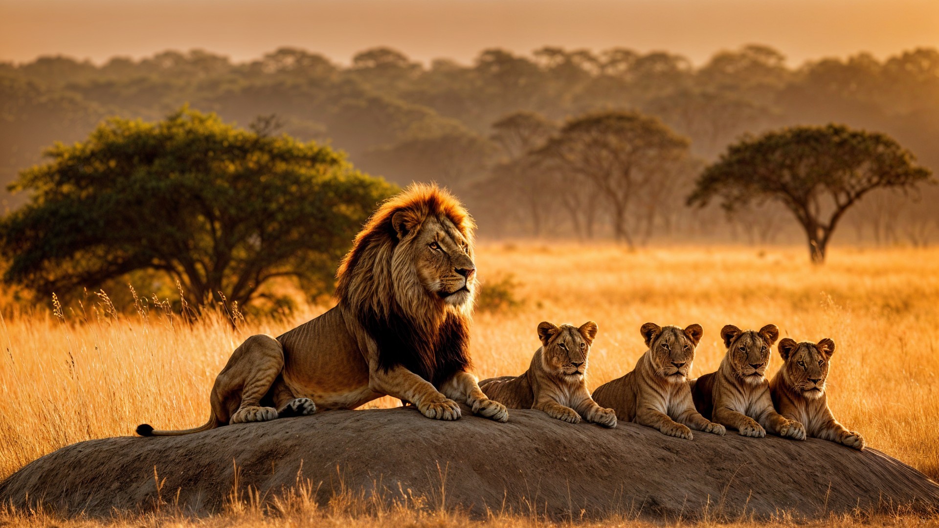 Lion and Lionesses Resting in Golden Savanna Scene