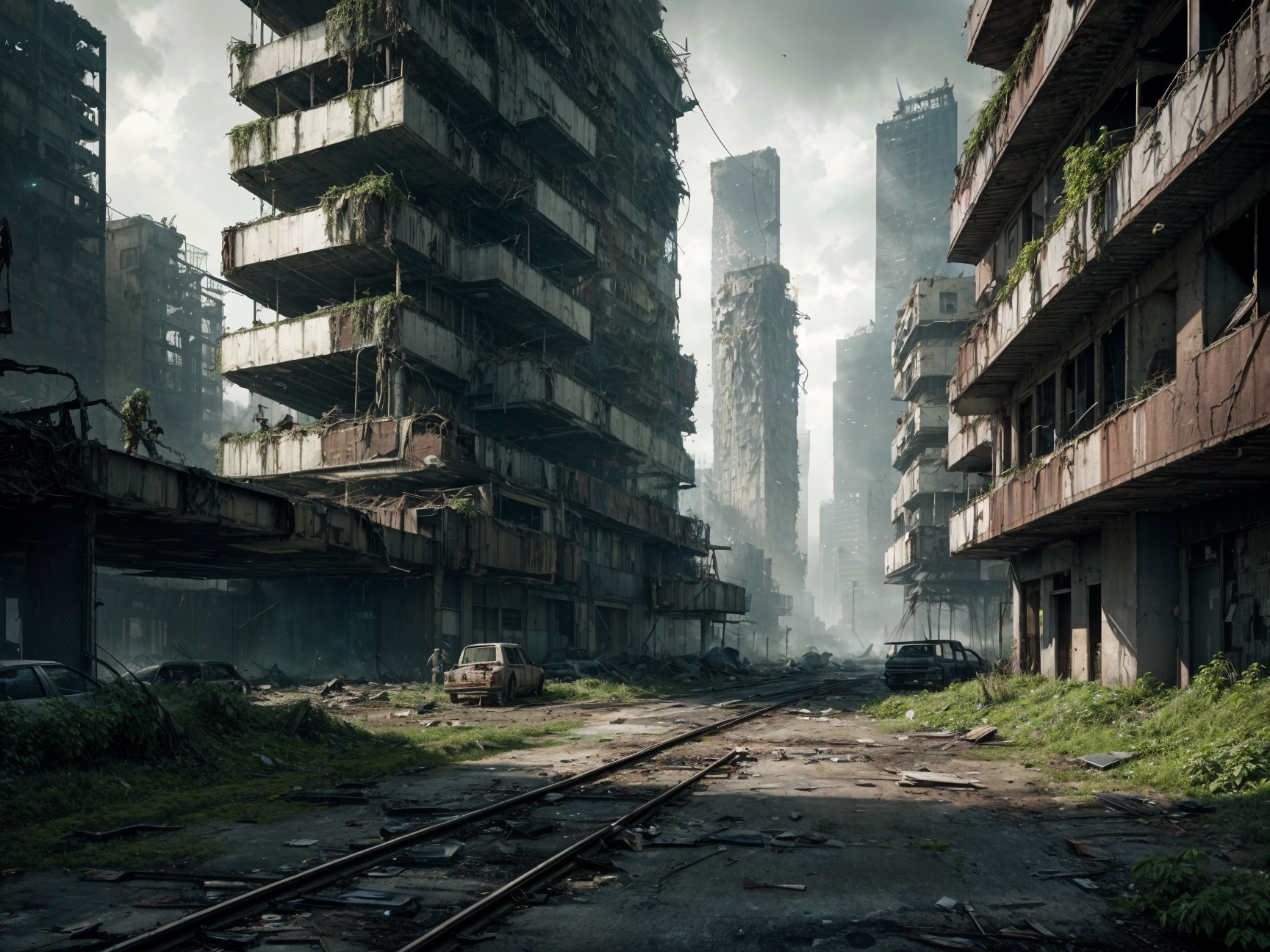 Desolate Urban Landscape with Overgrown Ruins