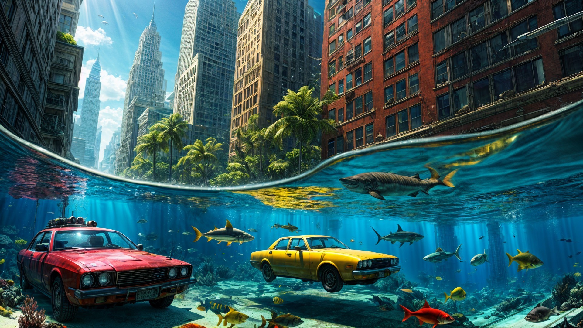 Submerged Cityscape with Cars and Marine Life