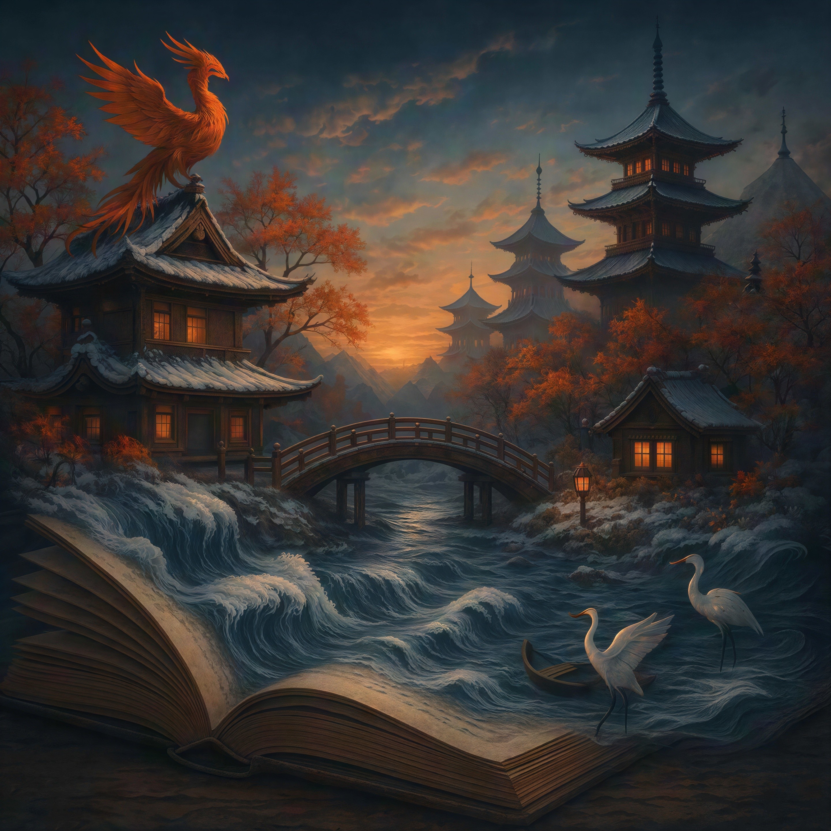 Magical Book Revealing Japanese Sunset Landscape