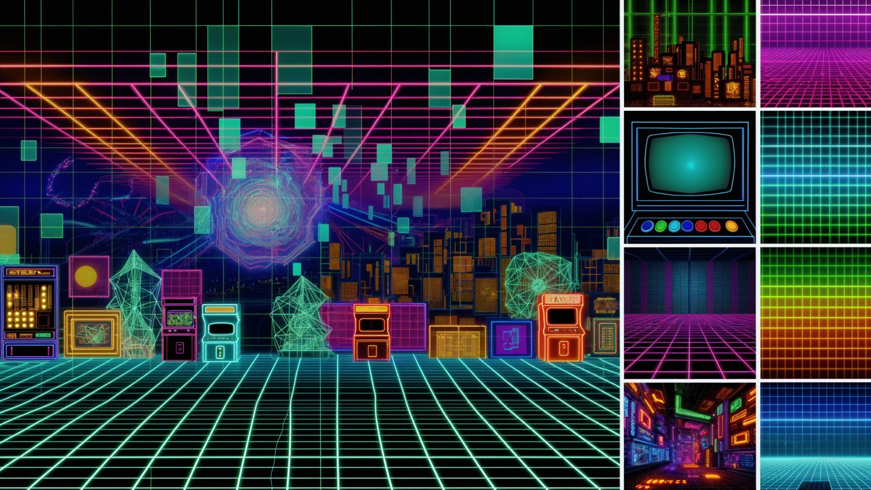 Retro-Futuristic Digital Landscape with Neon Grids