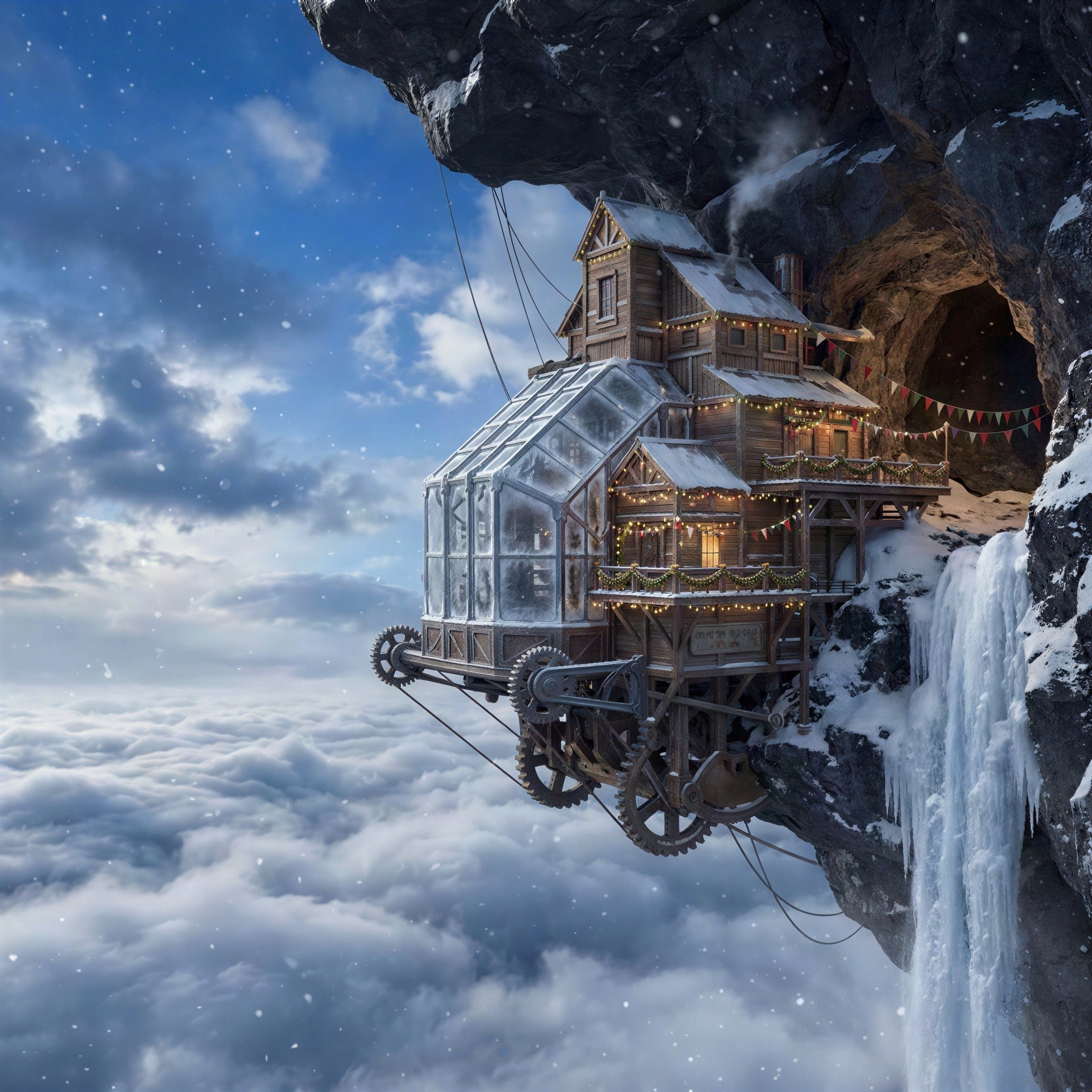 Steampunk Wooden House on Snowy Cliff with Clouds