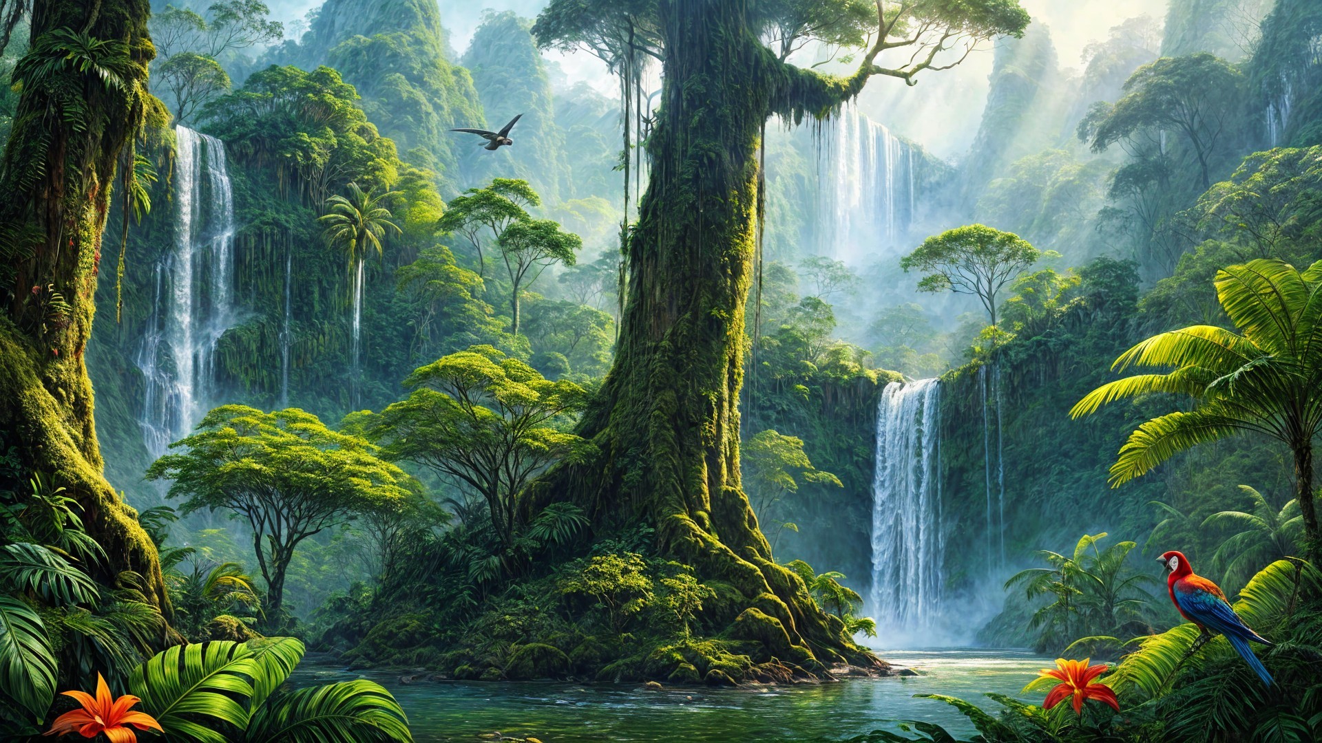 Lush Tropical Rainforest with Waterfalls and Wildlife