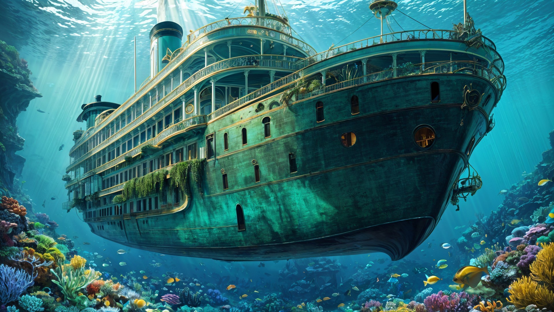 Vintage Ship Surrounded by Coral Reefs and Marine Life