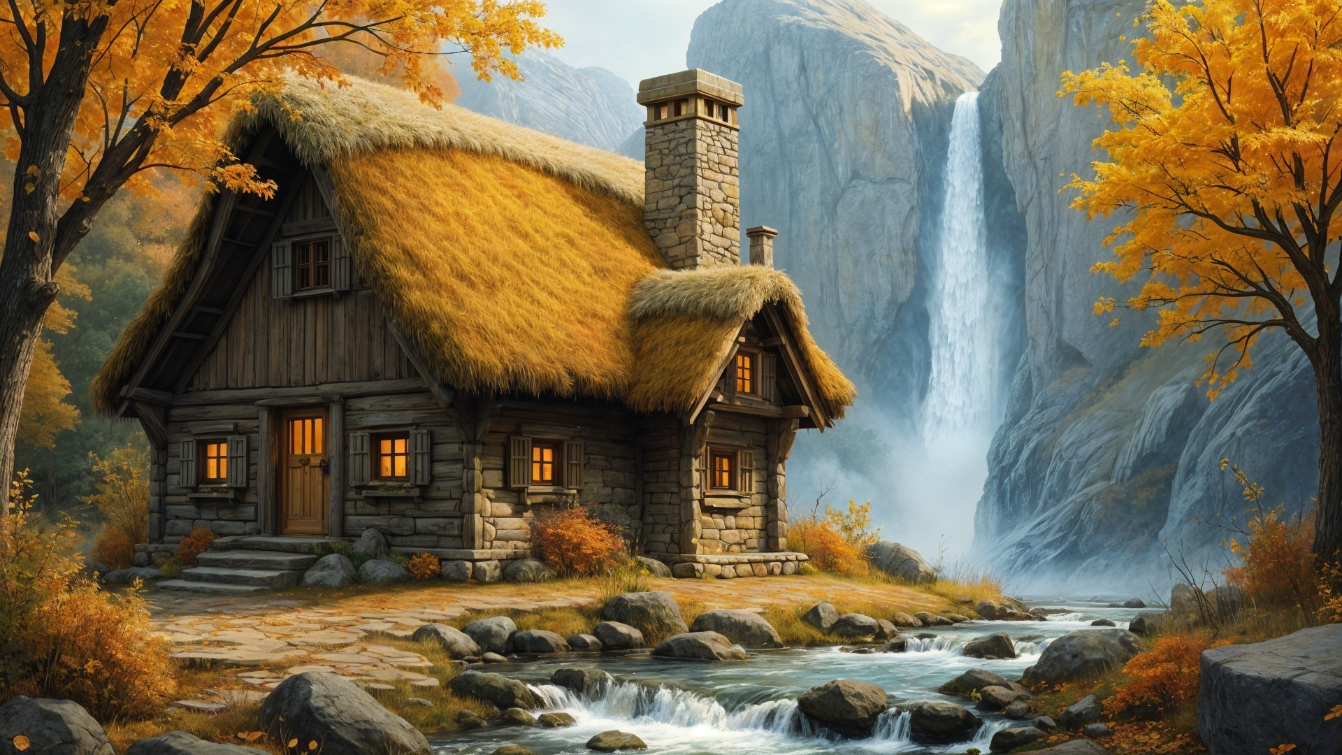 Cozy Rustic Cabin by a Serene Stream in Autumn
