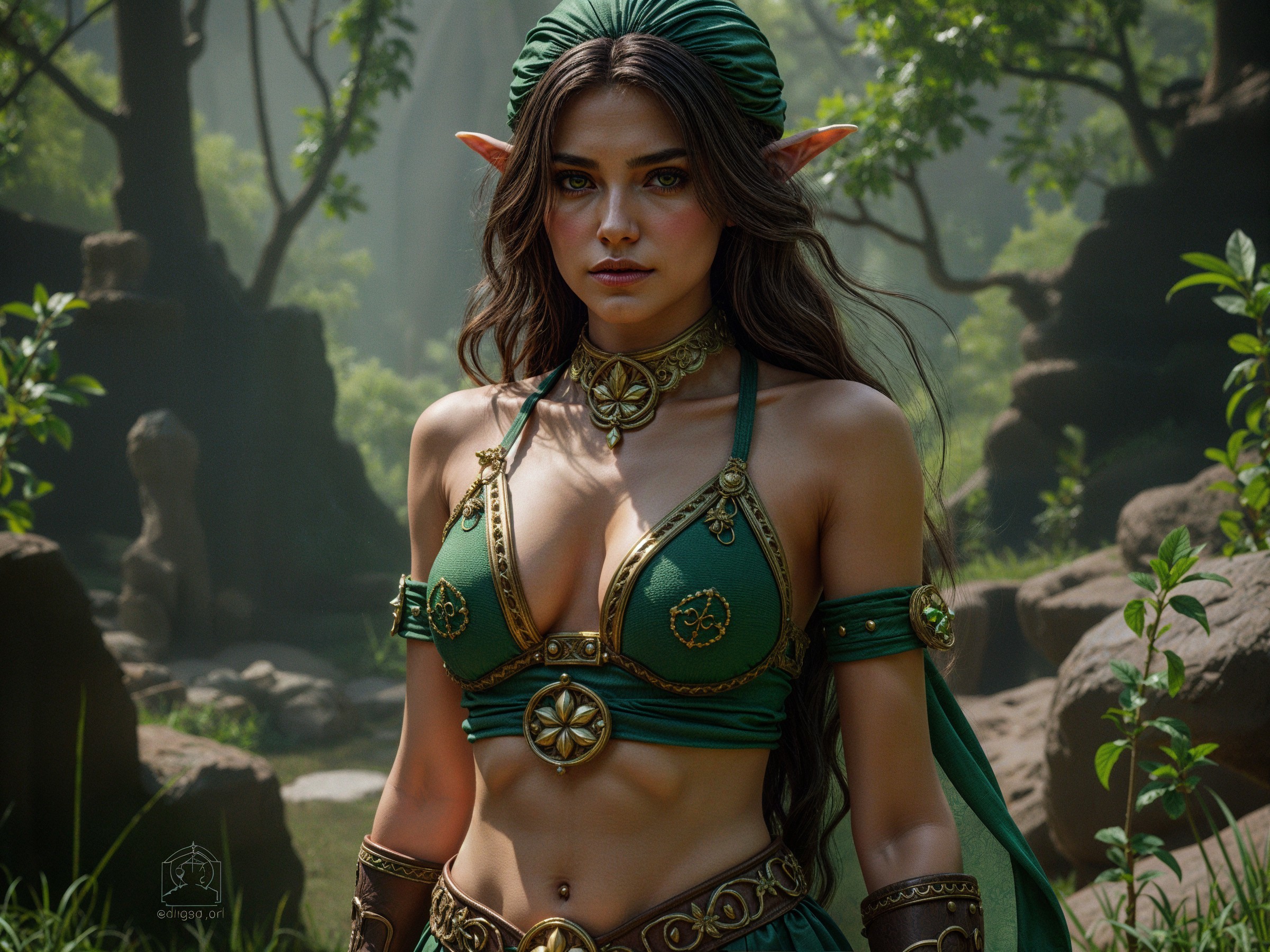Mystical Forest with Enchanting Figure in Green Attire