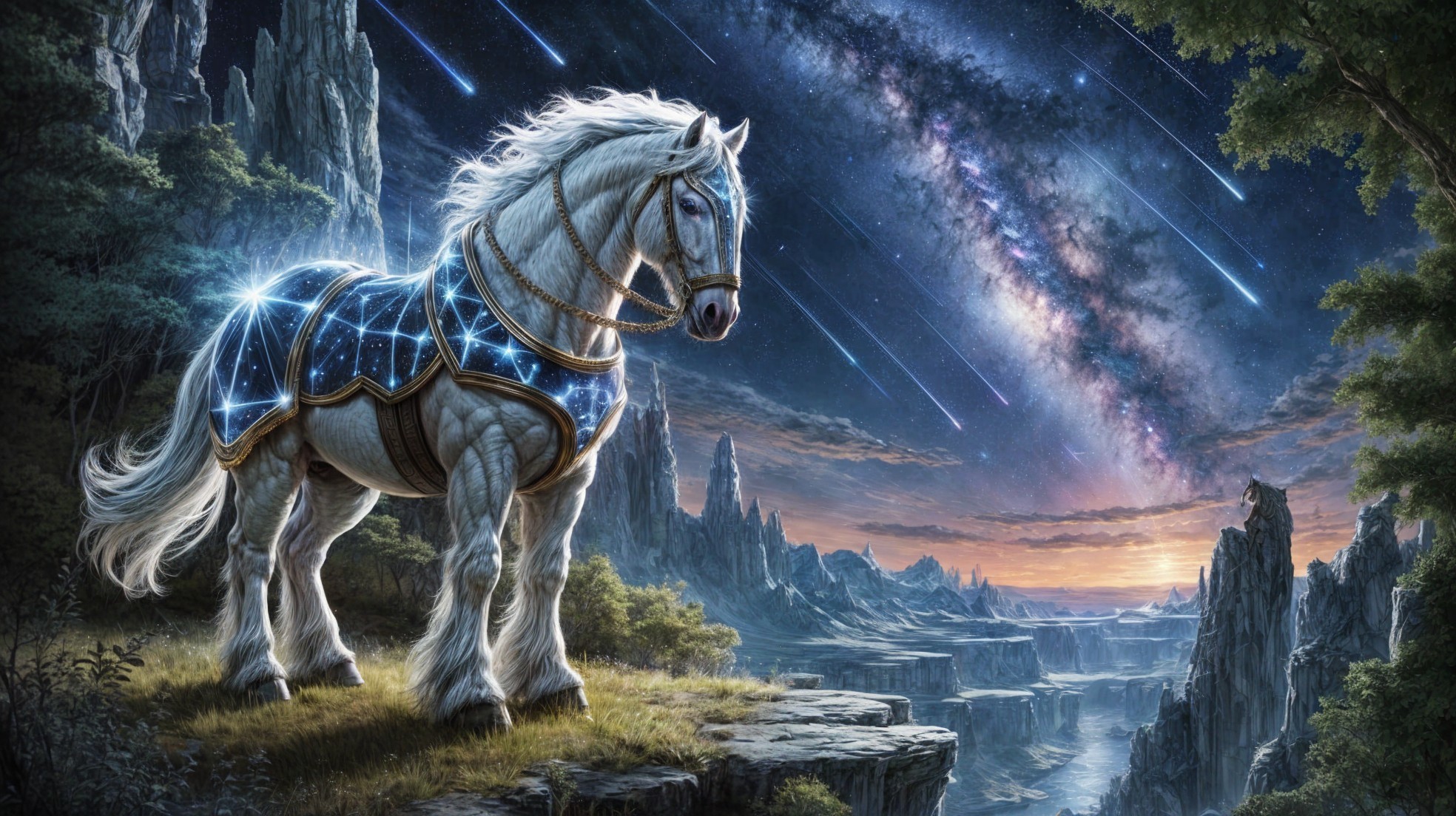 Majestic white horse on cliff with cosmic background