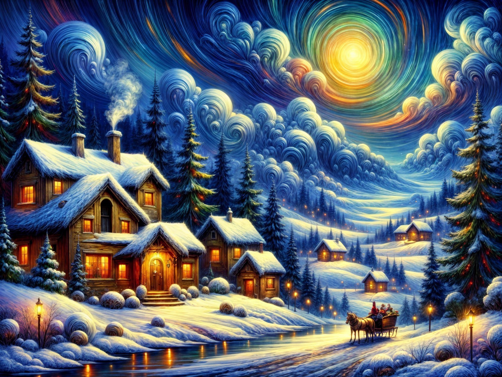 Winter Landscape with Cottages and Snowy Trees