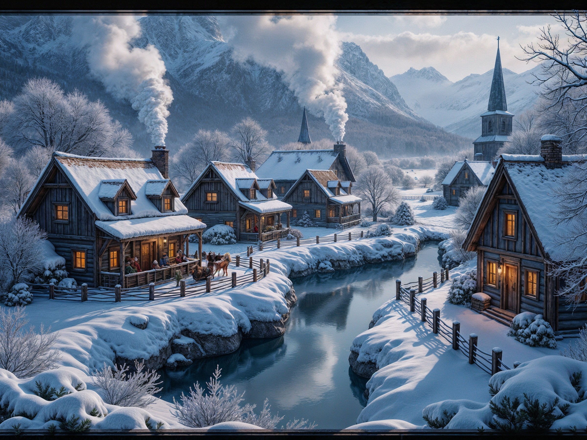 Winter Village Scene with Cottages and Snowy Landscape