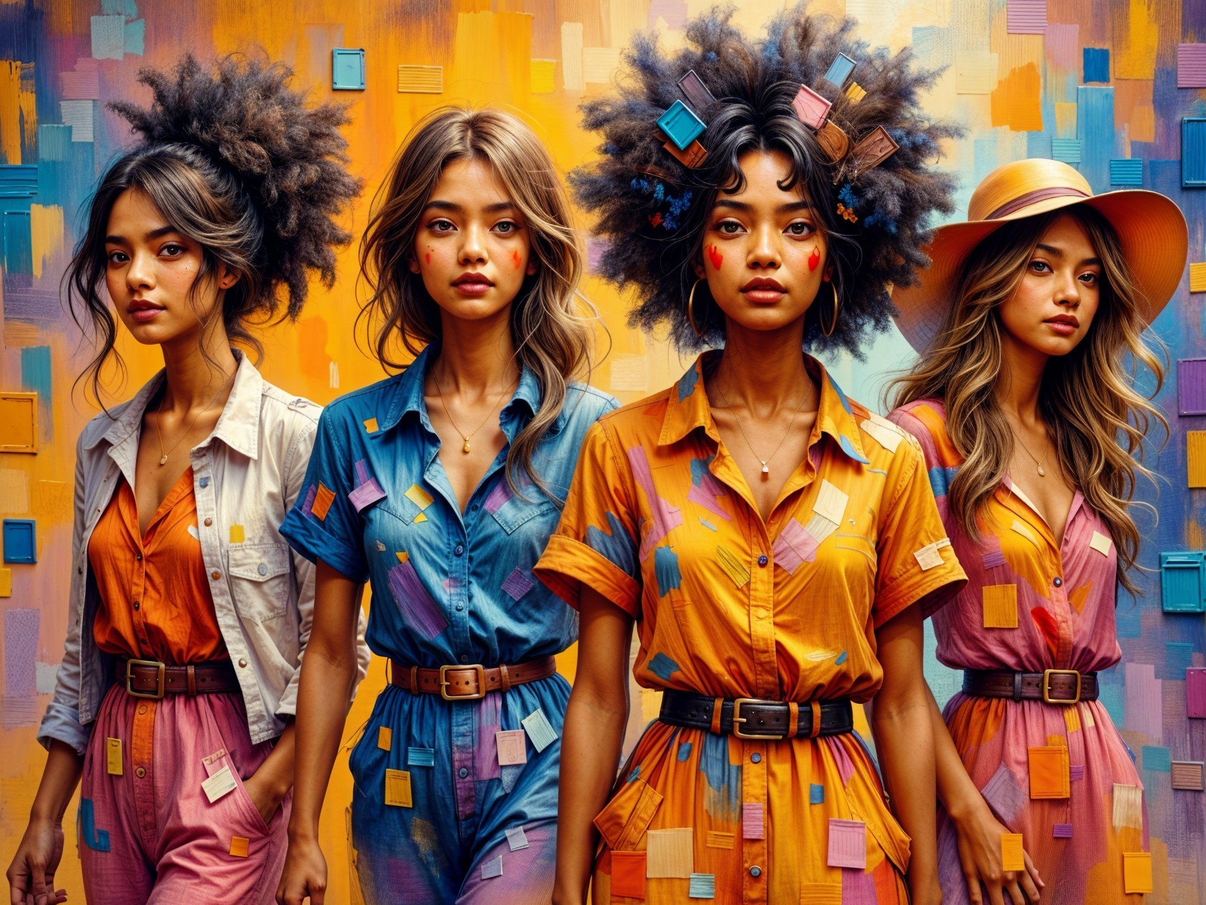 Four Women in Colorful Outfits and Unique Hairstyles