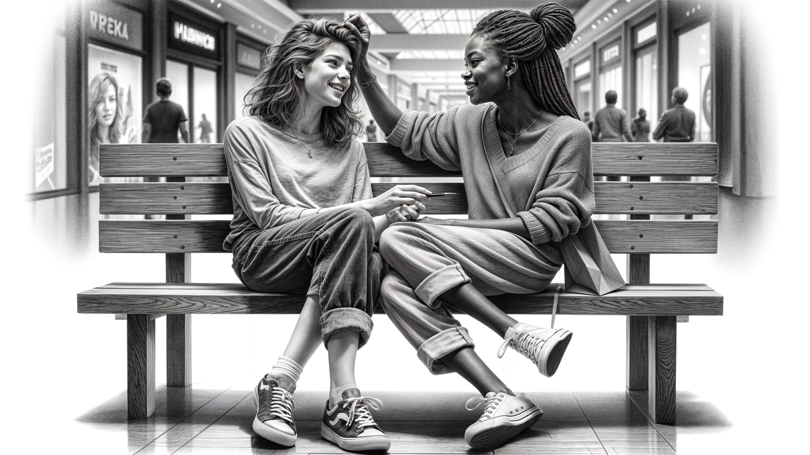 Young Women Enjoying Conversation in Bright Mall