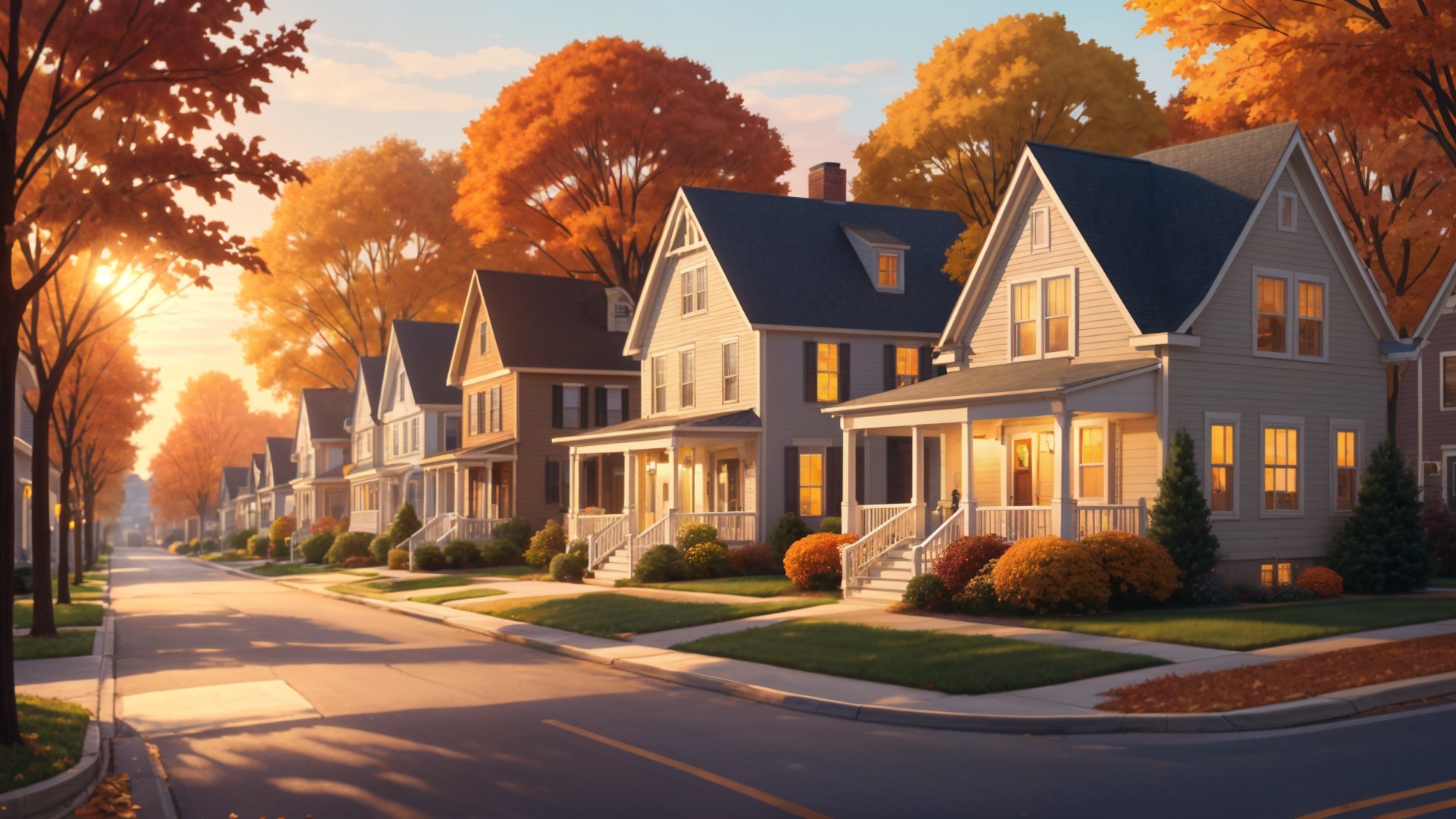 Charming Suburban Street in Autumn Evening Light