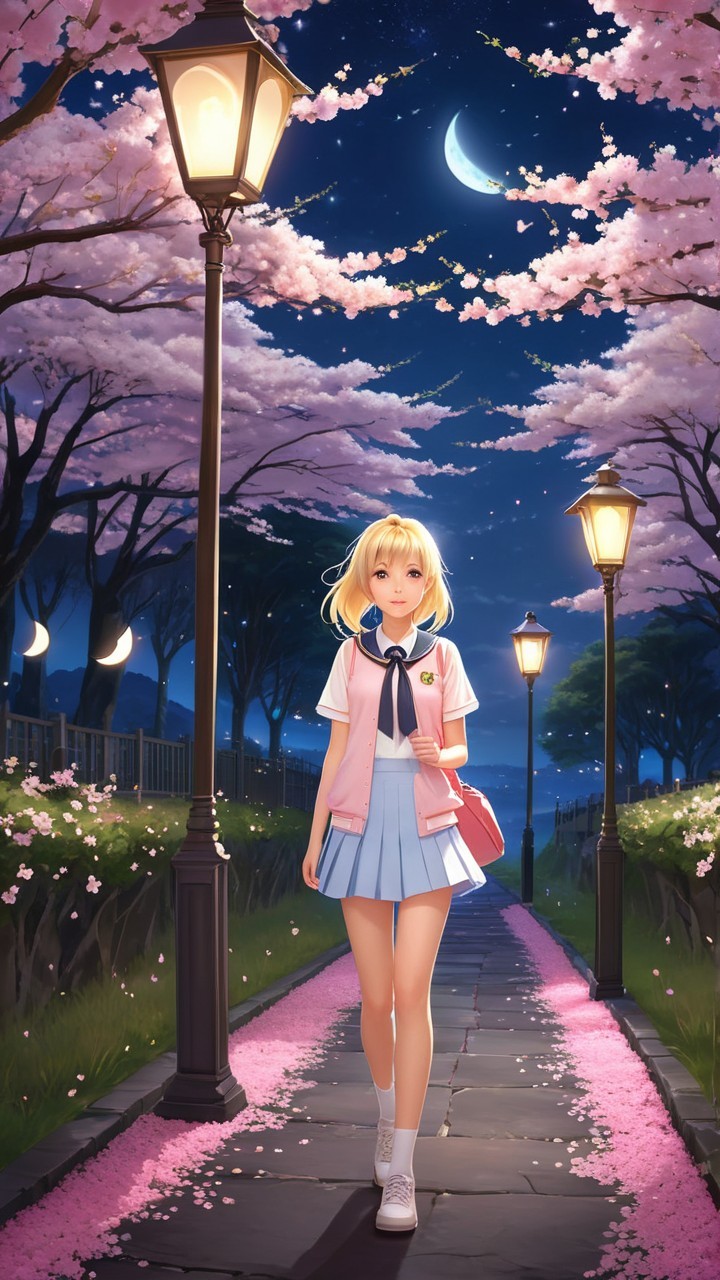 Young girl on a tree-lined path under starlit sky