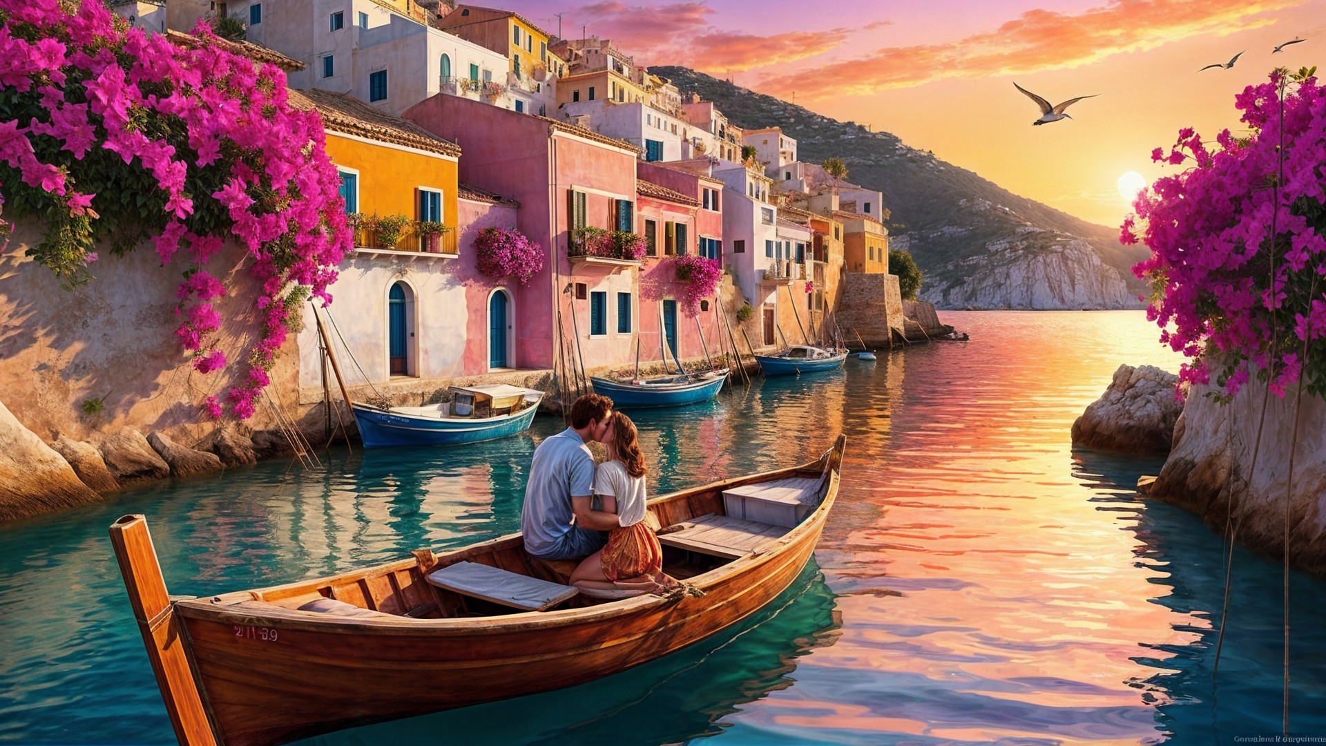 Romantic Waterfront Scene with Colorful Houses and Sunset