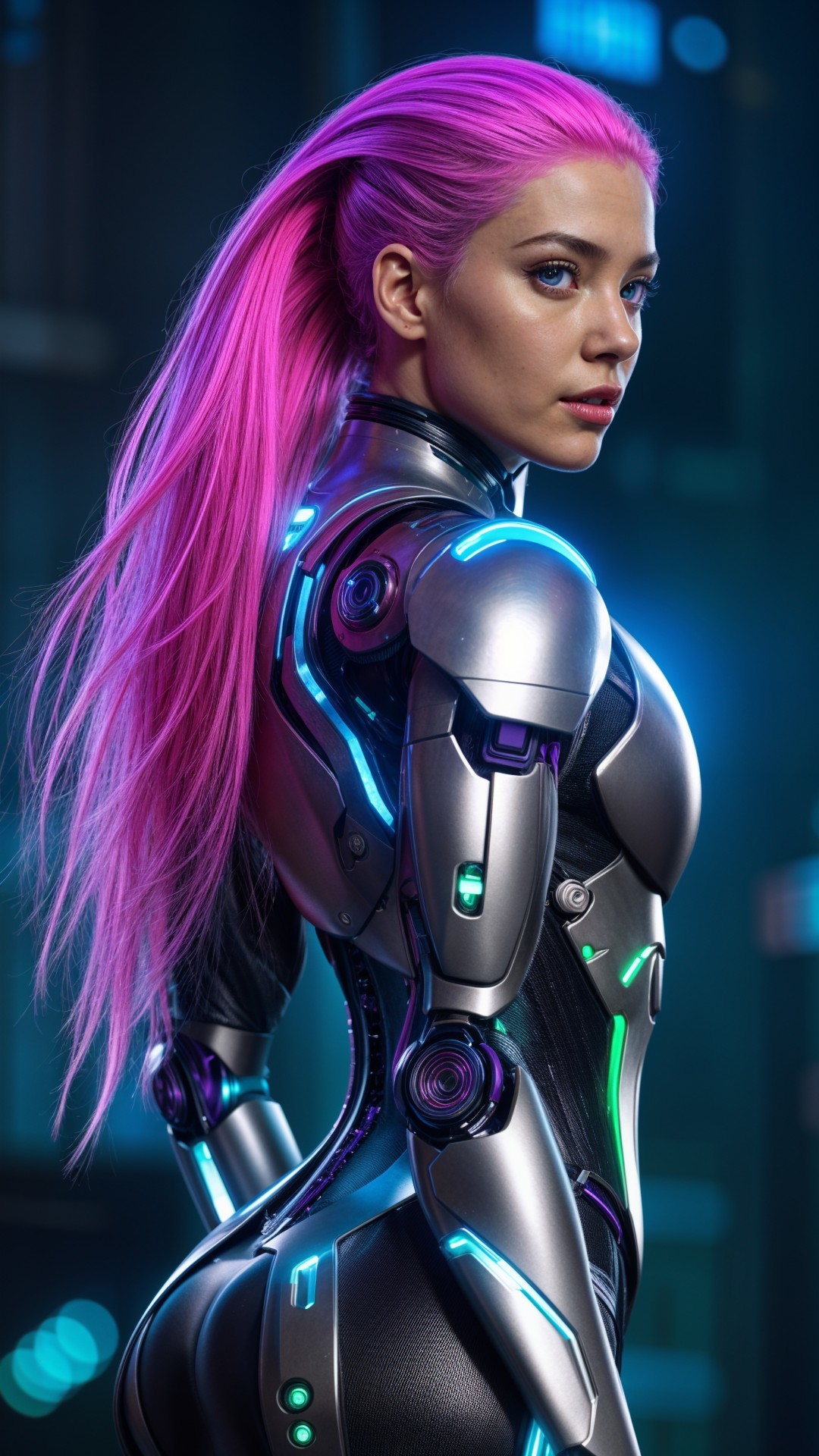 Futuristic Female Android with Neon Accents and Pink Hair