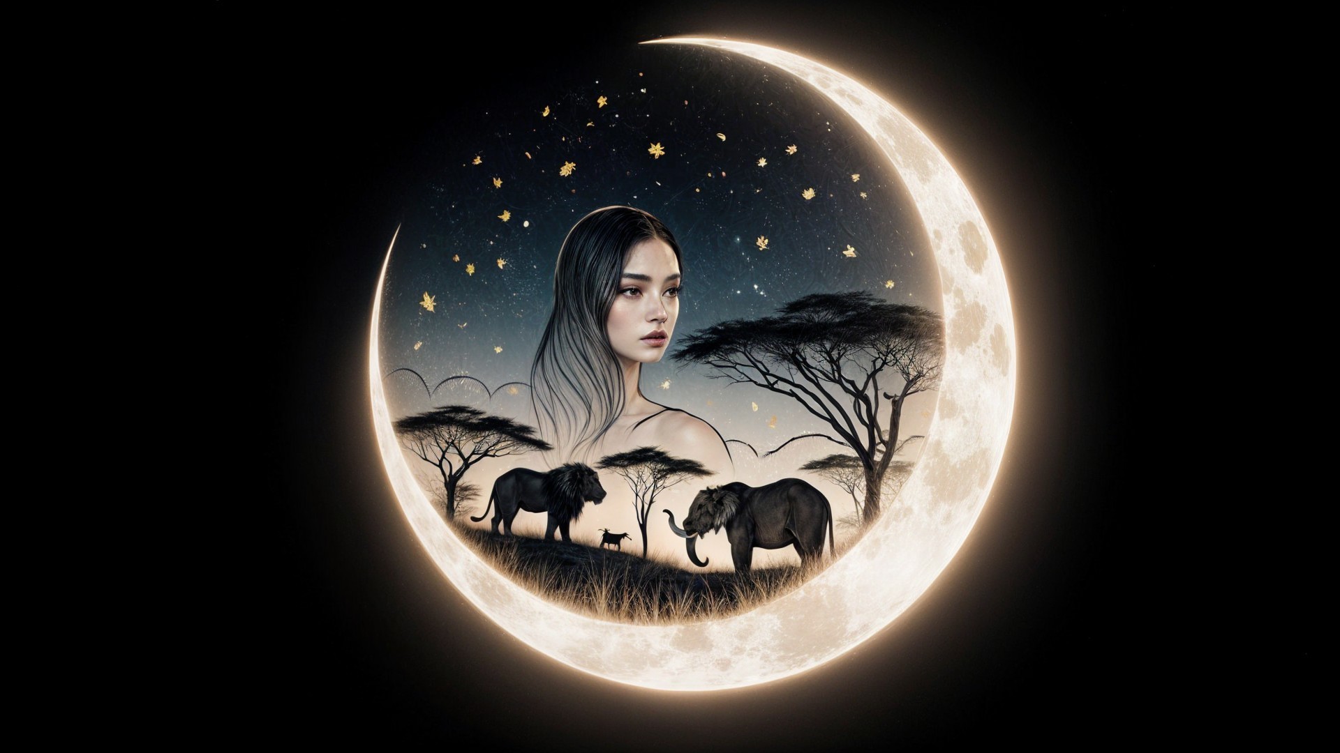 Crescent Moon Scene with Woman and Elephants
