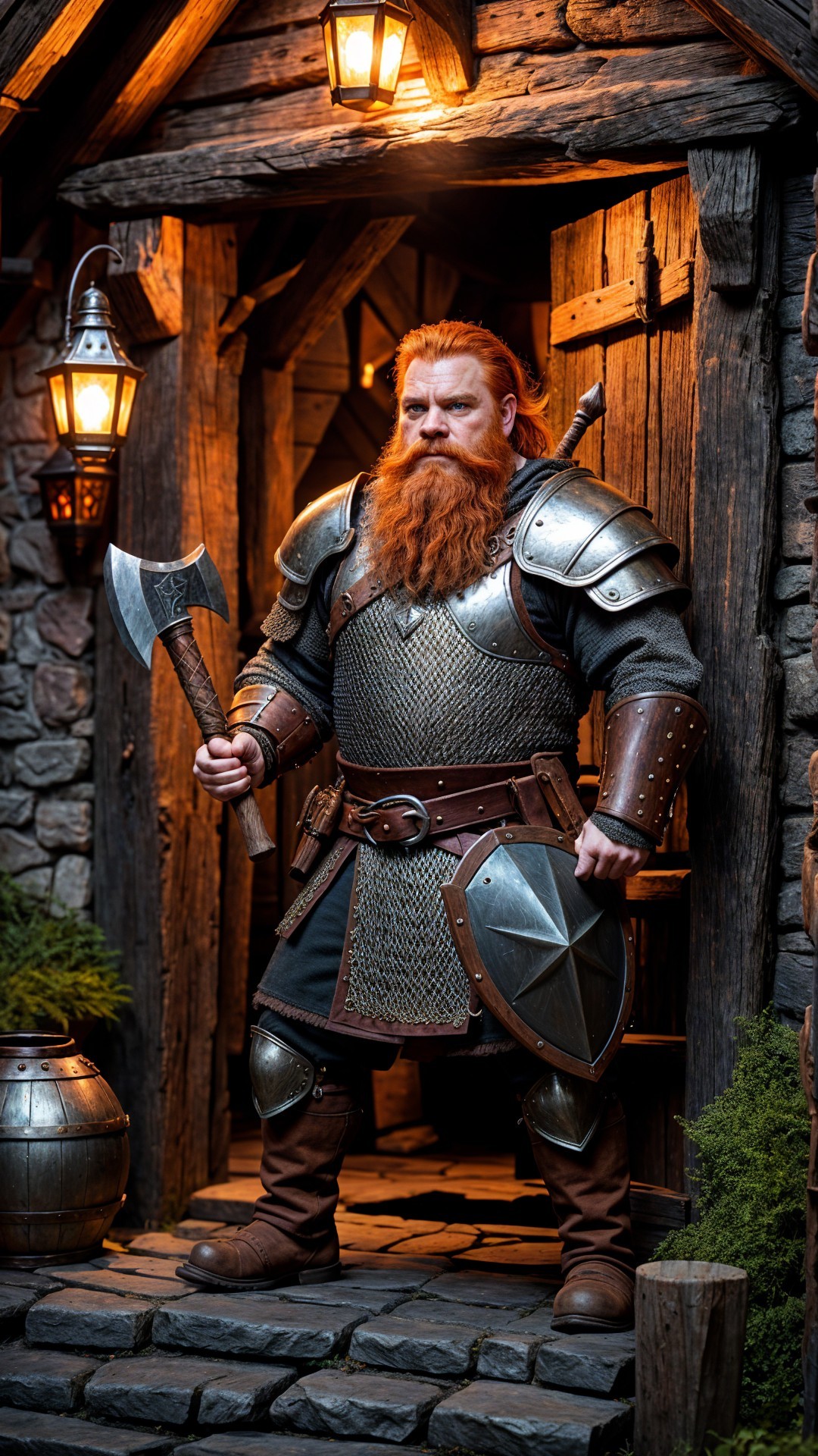 Warrior in Ornate Armor at Rustic Stone Building Entrance