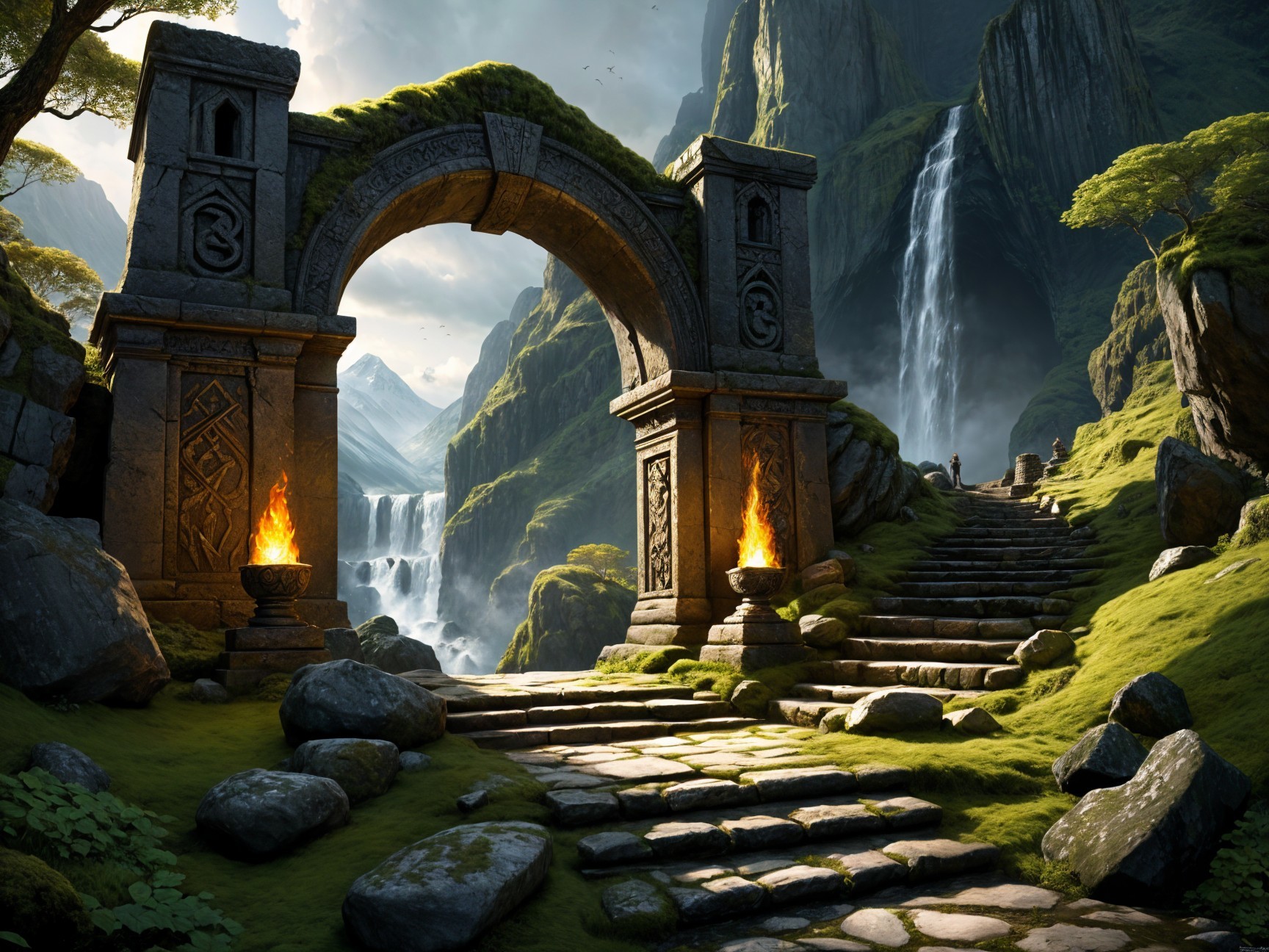 Majestic stone archway with intricate carvings and nature